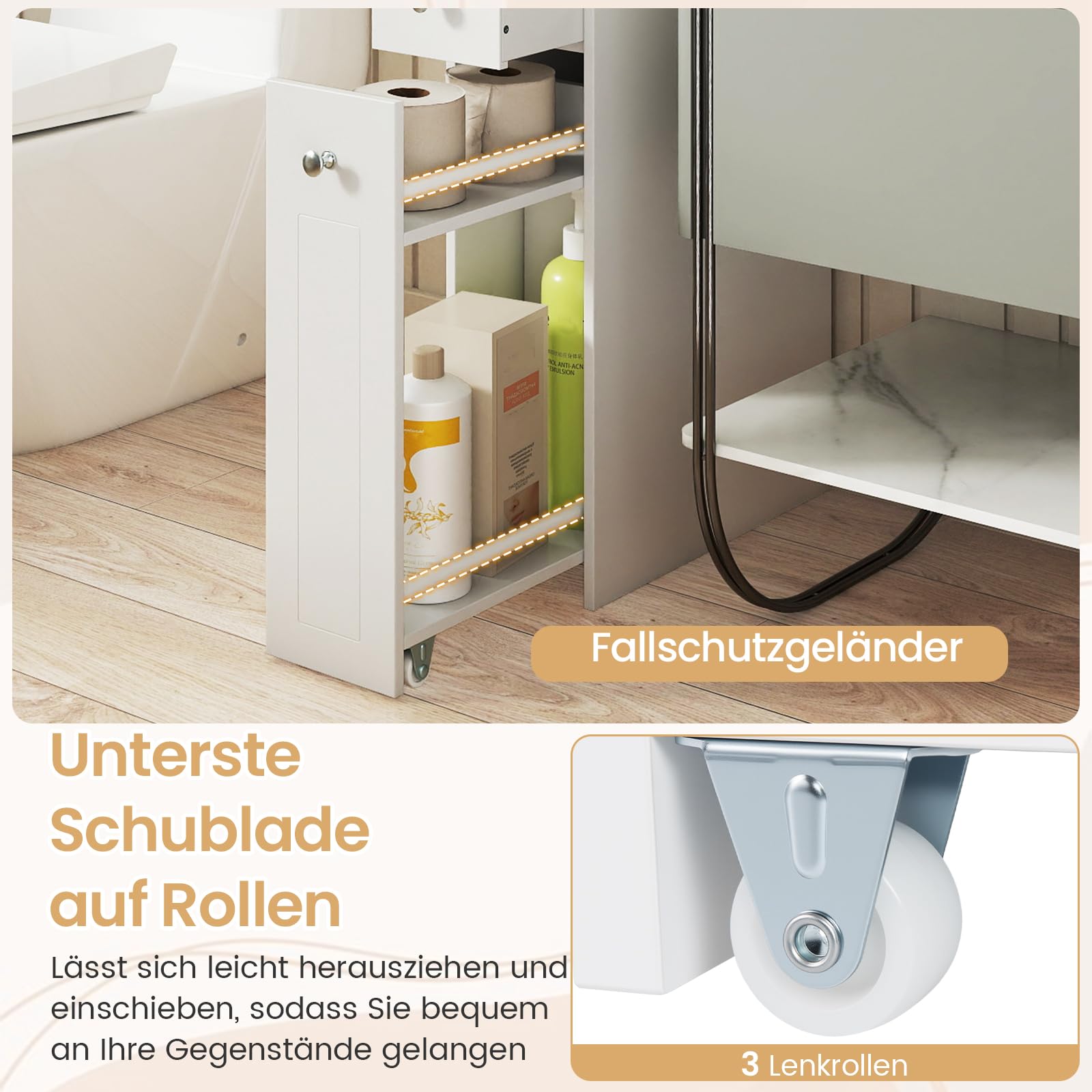 COSTWAY Nischenschrank, Badschrank mit Schublade & Rollen, Badezimmerschrank klein, Aufbewahrungsschrank Holz, Seitenschrank für kleine Räume (Weiß)