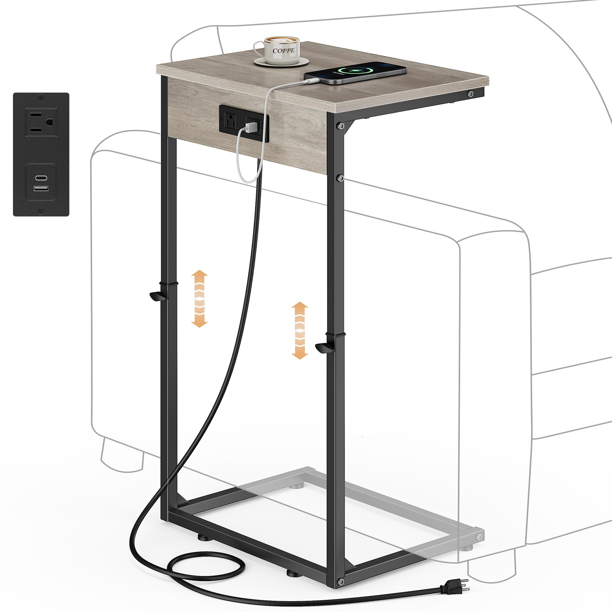 Vagusicc Beistelltisch C Form mit Steckdose, Höhenverstellbar 52-85 cm, mobiler Kaffeetisch, Wohnzimmertisch mit Metallgestell, Couchtisch, Laptoptisch, Nachttisch für Schlafzimmer, Wohnzimmer, Grau