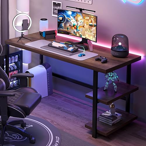 Miniatura 21 de FOLUBAN Escritorio de oficina en casa, escritorio moderno para computadora con estante de almacenamiento, mesa de estudio de madera para juegos para