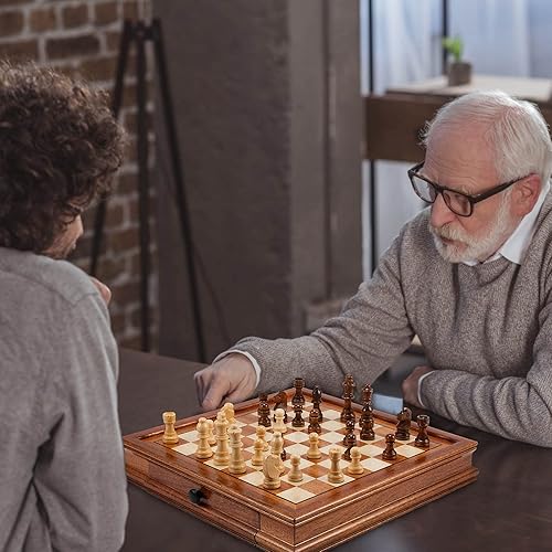 Miniatura 8 de AMEROUS Juego de ajedrez magnético de madera de 12.5 x 12.5 pulgadas, juego de mesa de ajedrez con 2 cajones de almacenamiento integrados, 2 reinas