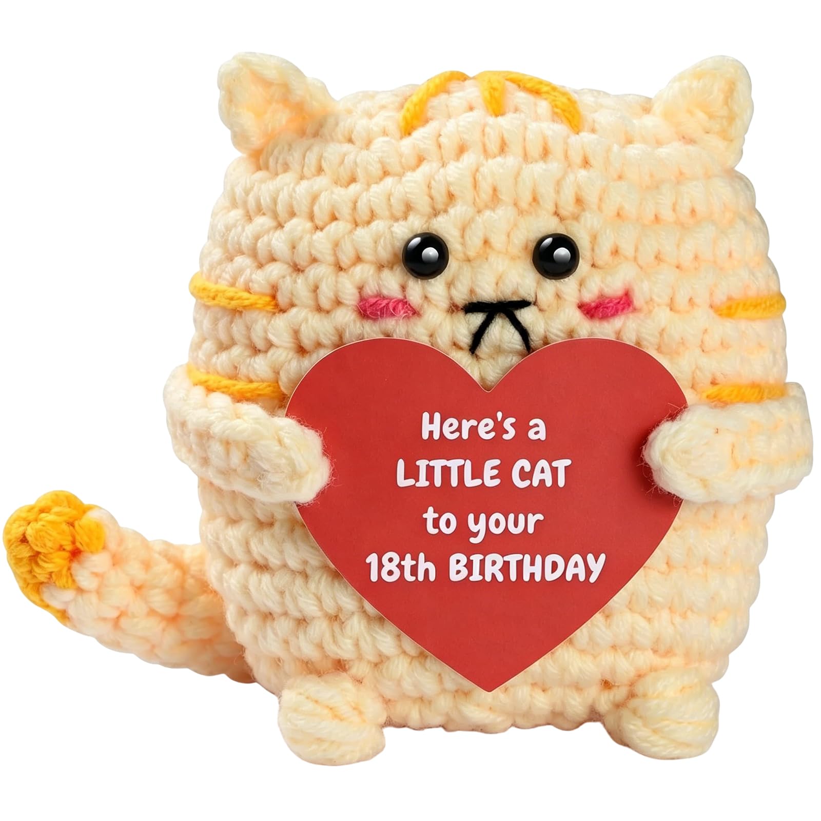 SOMUSICTY 18th Birthday Gifts for Girls Boys, Handmade Emotional Support Crochet Cat with Heart Card, Adorable Home Decor Gifts for 18 Years Old Friend Sister Brother Daughter Son Tennage Boy Girls