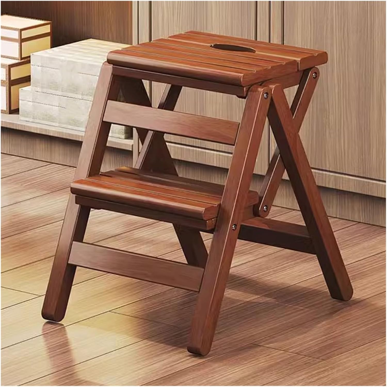 Step Stool for Adults/Step Ladder/Counter Chair,3-Step Folding Portable Wooden Step Stool,Anti-Slip & Lightweight Display Storage Shelf Flower Rack(Two-Steps)