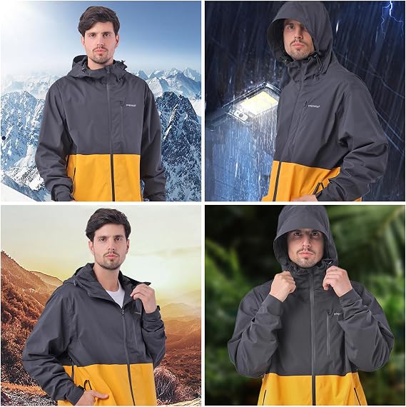 YINGJIELIDE Men's Waterproof Hooded Rain Jacket,Breathable Windbreaker Windproof Insulated Coat,Shell Hoodie Ski Sailing