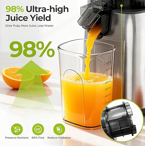 Miniatura 3 de Máquinas exprimidoras de 5.4 pulgadas extra ancha para verduras y frutas enteras, 98% de alto rendimiento de jugo, fácil de limpiar e instalar,