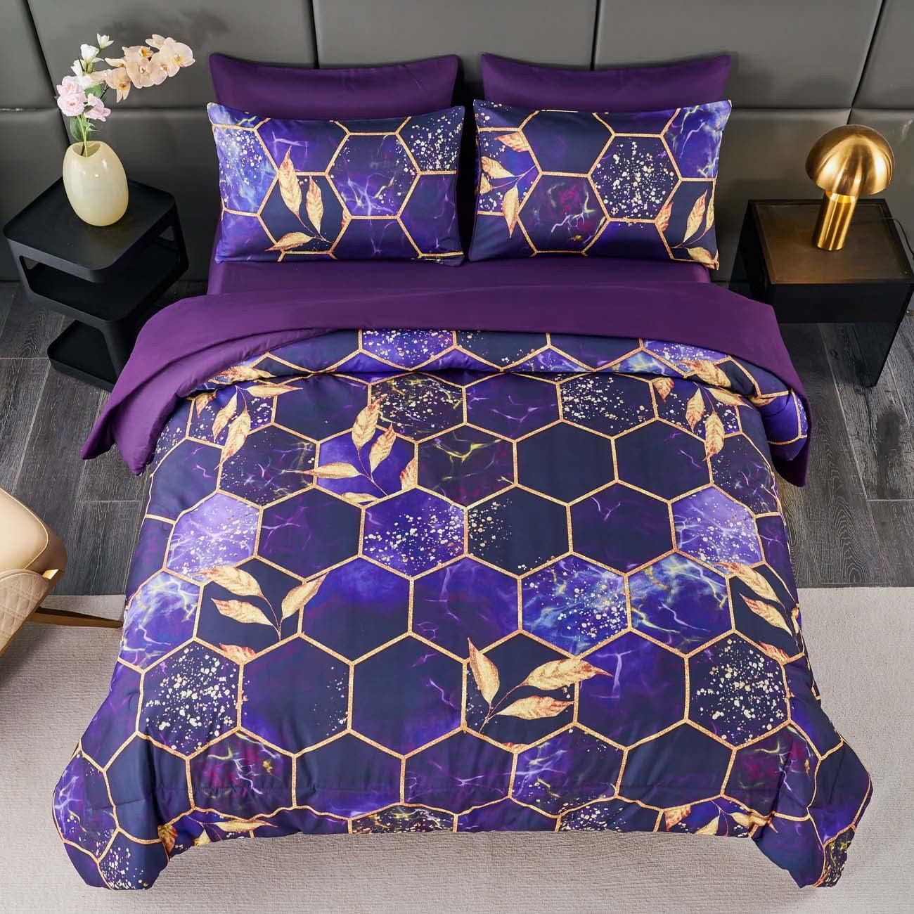 ANGIYUIN 7Pcs Mable Bed in A Bag Purple Gold Queen Comforter Set, 3D Geometric Honeycomb Theme Decor Yellow Leaf Bedding Set, Modern Foil Print Bed Sets with Comforter and Sheets (Purple Queen) - Image 2