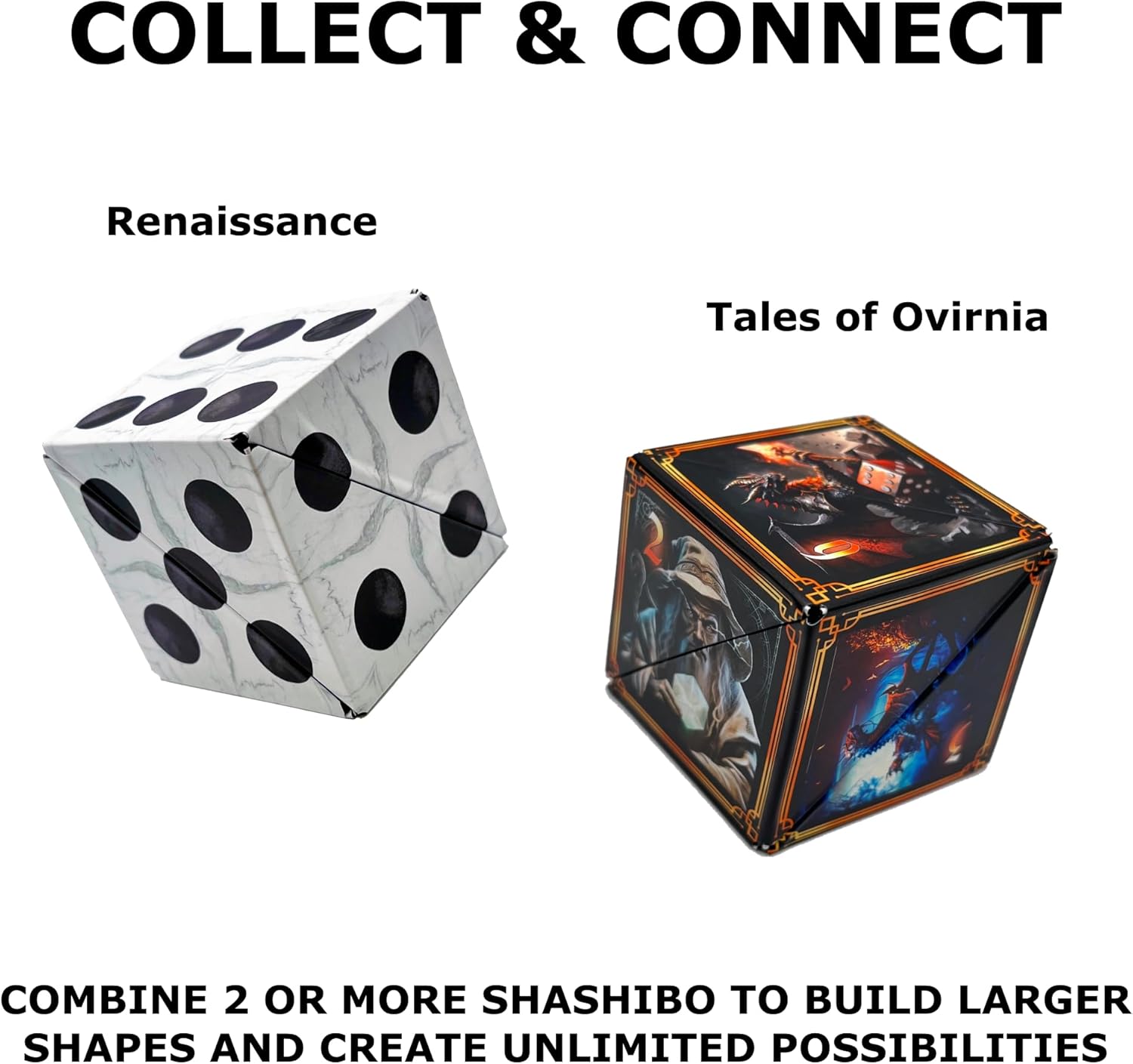 Two different SHASHIBO cubes, Renaissance and Tales of Ovirnia, side-by-side.
