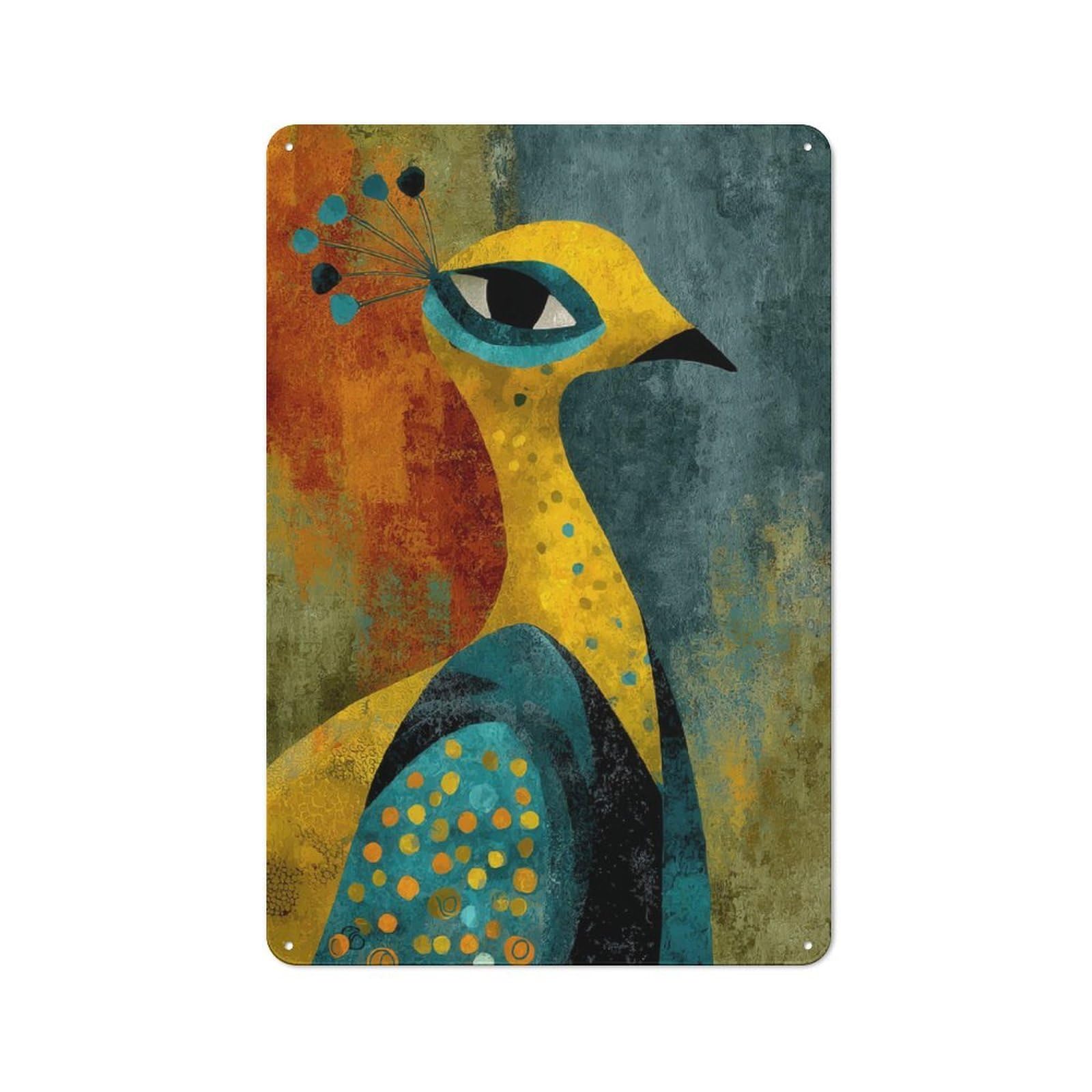 Junmoney Style-17 Tin Wall Plaque 30X20cm With Abstract Peacock Art For Hobby Room Or Studio, For Themed Interiors In Hobby Rooms And Studios