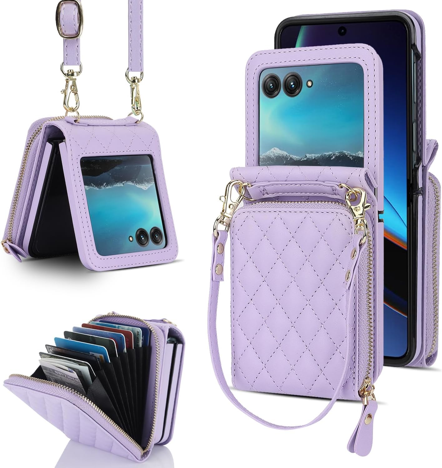 NINKI Leather Case for Motorola Razr 2025 with Wallet,Lanyard Hinge Protection Card Holder for Moto Razr 2025 Matte Leather Wallet Purse Phone Cover for Moto Razr 60 Girl Purple