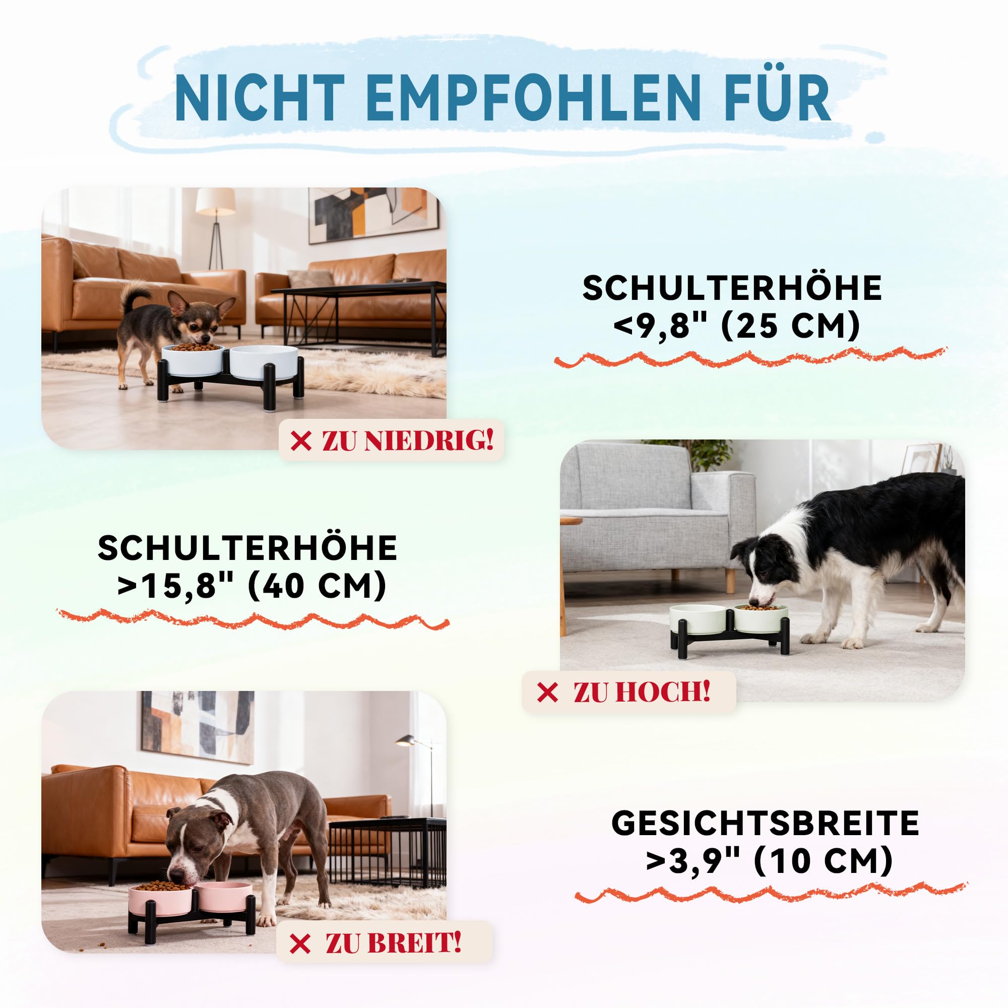 Keramik Hundenapf Erhöht mit Edelstahl-Ständer - Stylisch Doppelnapf Futterstation für Katzen und Kleine Hunde - rutschfest Hund Napf Set für Futter und Wasser - 140g / 260ml - Höhe 10cm - Blau
