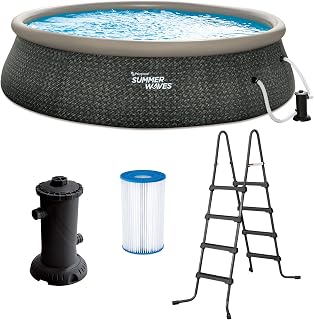 Summer Waves P1A01848E 18ft x 48in Round Quick Set Inflatable Ring Above Ground Swimming Pool with Ladder and Filter Pump, Dark Gray Herringbone Print