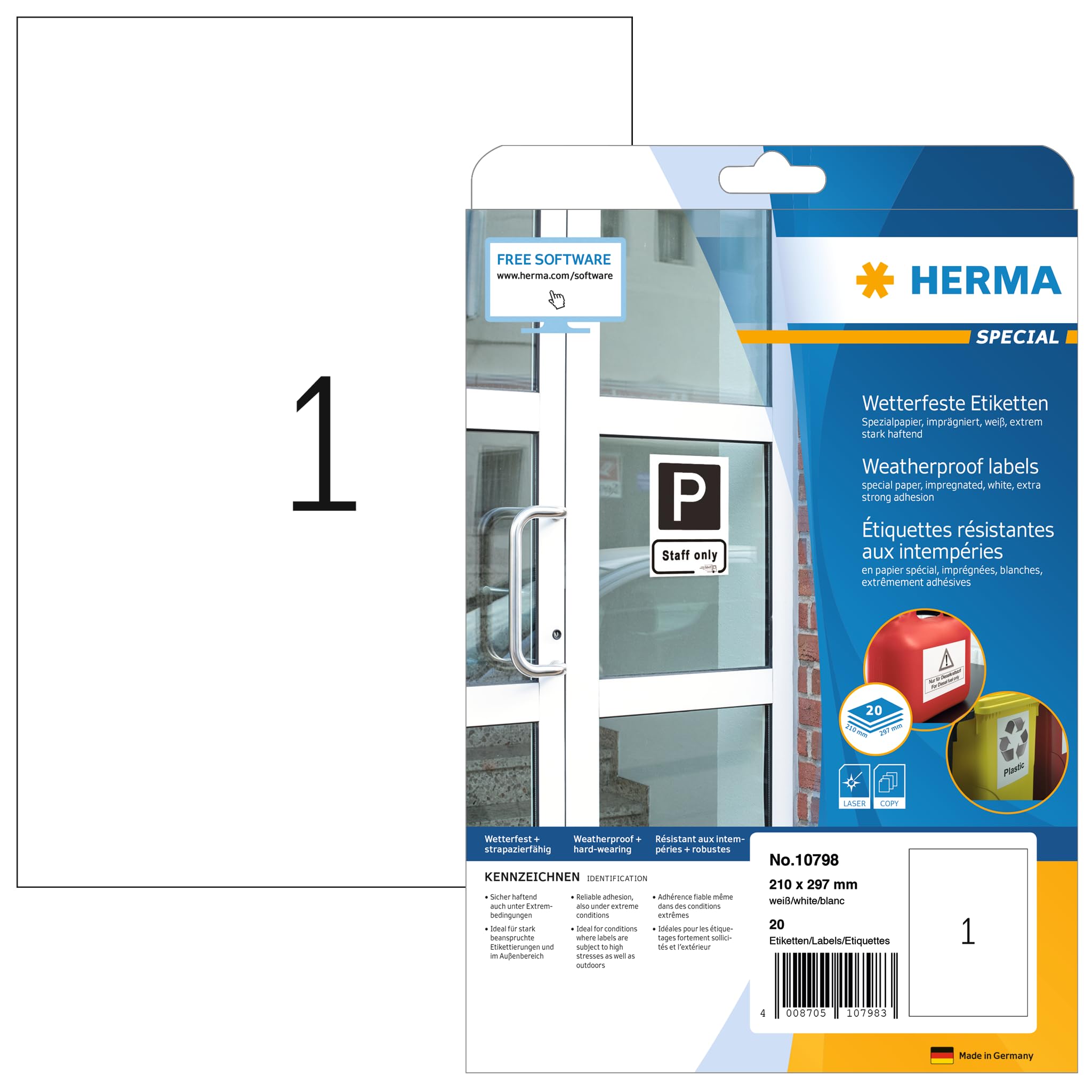 HERMA 10798 - Etichette resistenti alle intemperie, 20 fogli, 210 x 297 mm, 1 foglio A4, 20 pezzi, autoadesive, stampabili, opache, per esterni, in carta speciale, colore: Bianco