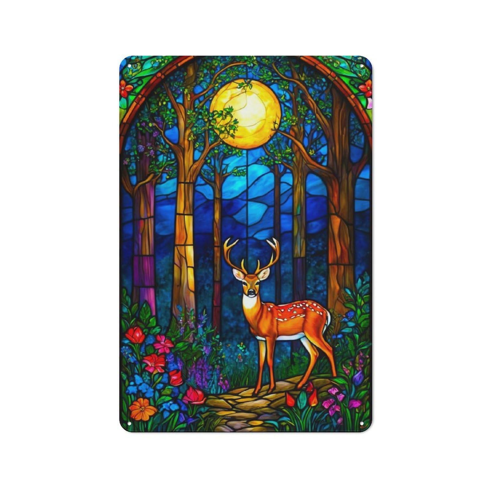 Junmoney Stained Glass Deer In Forest Metal Wall Sign 30X20cm, Rustic Decor For Hallway Wall, For Metal Sign Collectors, For Garage And Workshop Walls