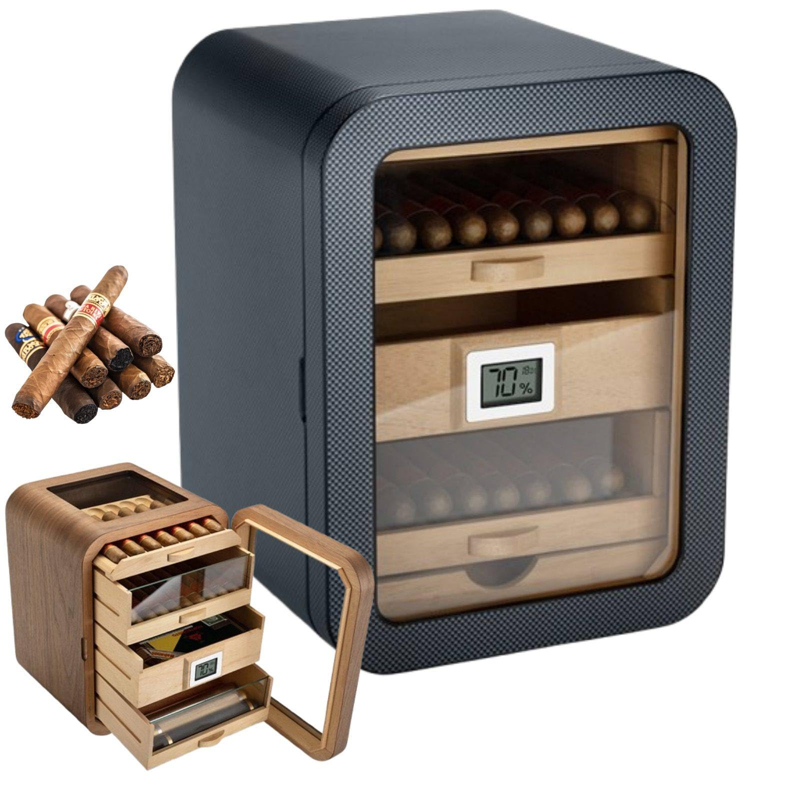 MhWrughts Electric Cigar Humidor for Cigars, 110 Count Glass Top Cabinet with Spanish Cedar Drawers, Digital Hygrometer, Humidifier, Walnut Wood Cabinet for Home Bar CarbonFiber-A