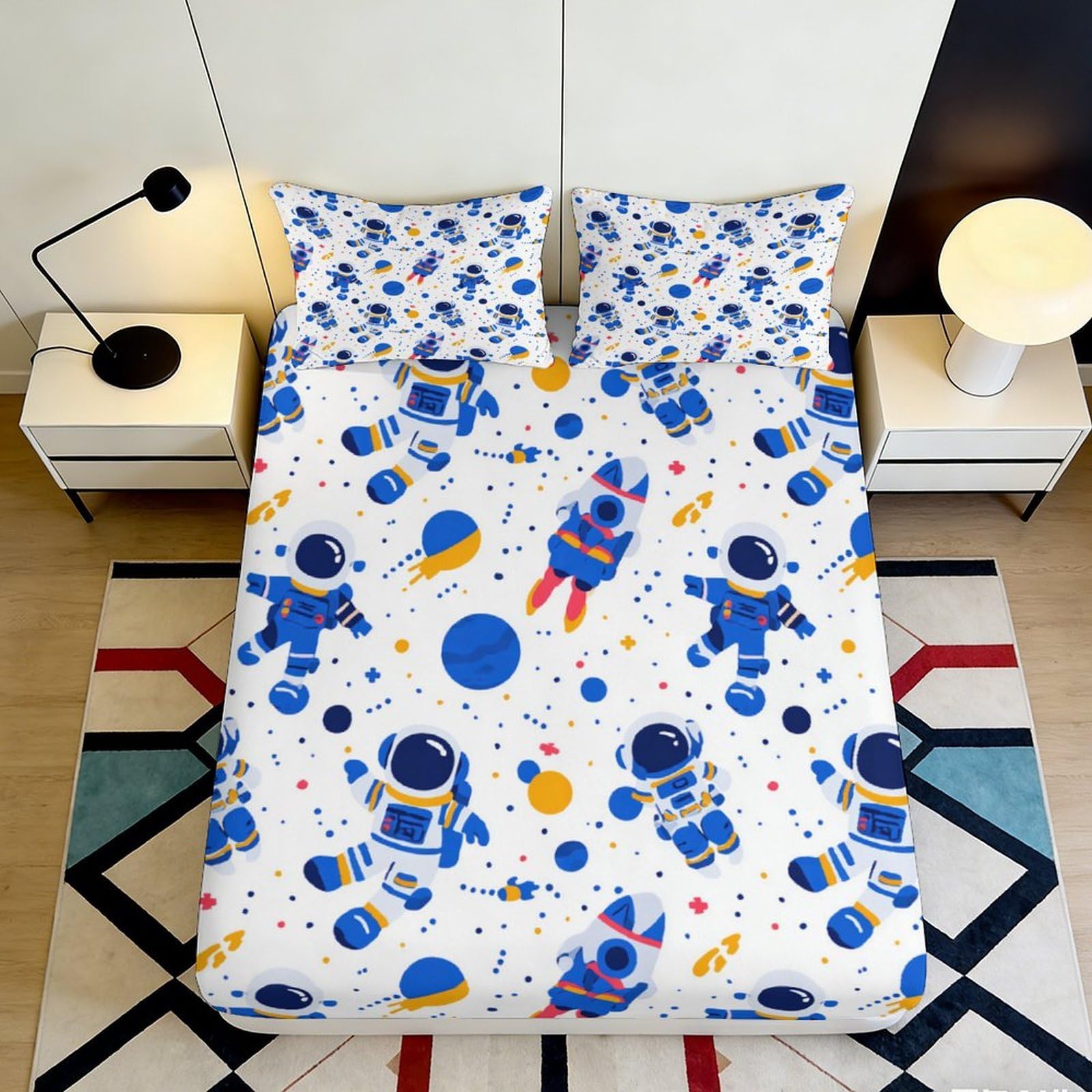 3D Printed Astronaut Space Adventure Fitted Sheet Microfiber Non Slip Planet Mattress Cover Bedroom Dorm Room Decor 90x200x25cm