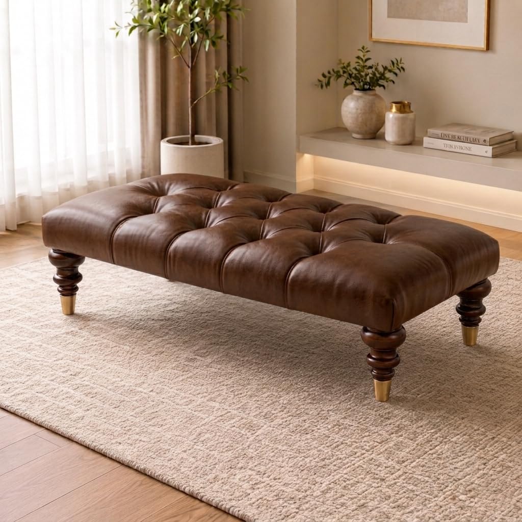 Aiza Chesterfield Leather Footstool Bench Wooden Legs 102cm - Brown Leather — image 1