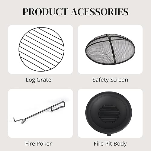 Miniatura 10 de Juego de hogueras de acero de 30 pulgadas, pozo de leña, incluye pantalla, cubierta y póker de troncos, ideal para exteriores y patio, hoguera
