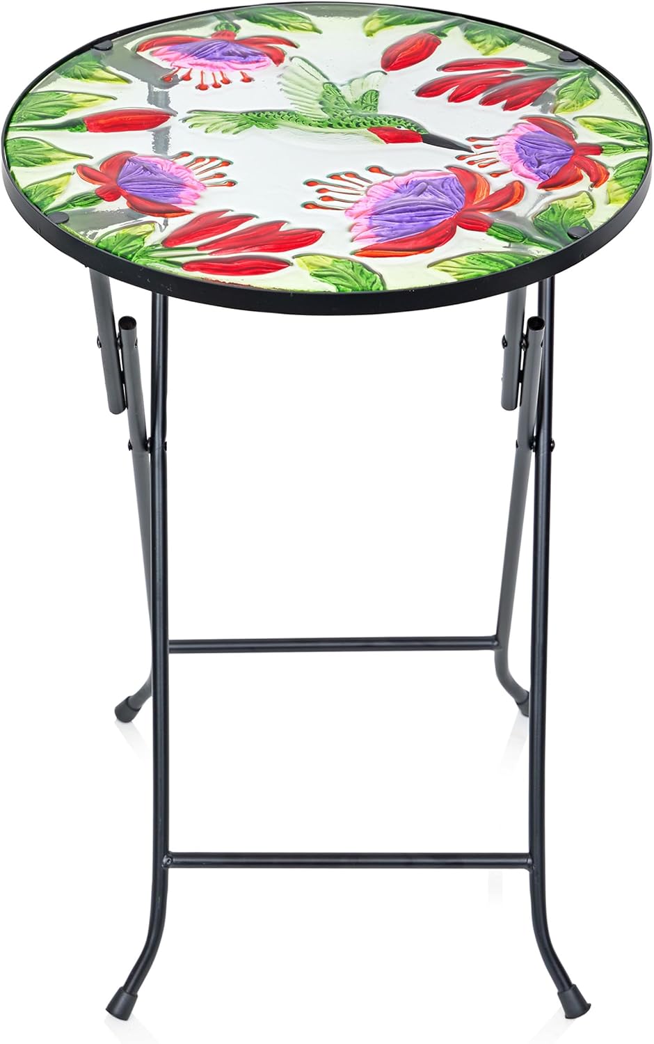 Alpine Corporation KBD107T-14 Folding Glass Round Table with Flowers and Hummingbirds, Floral Décor for Patio & Deck, 14"W