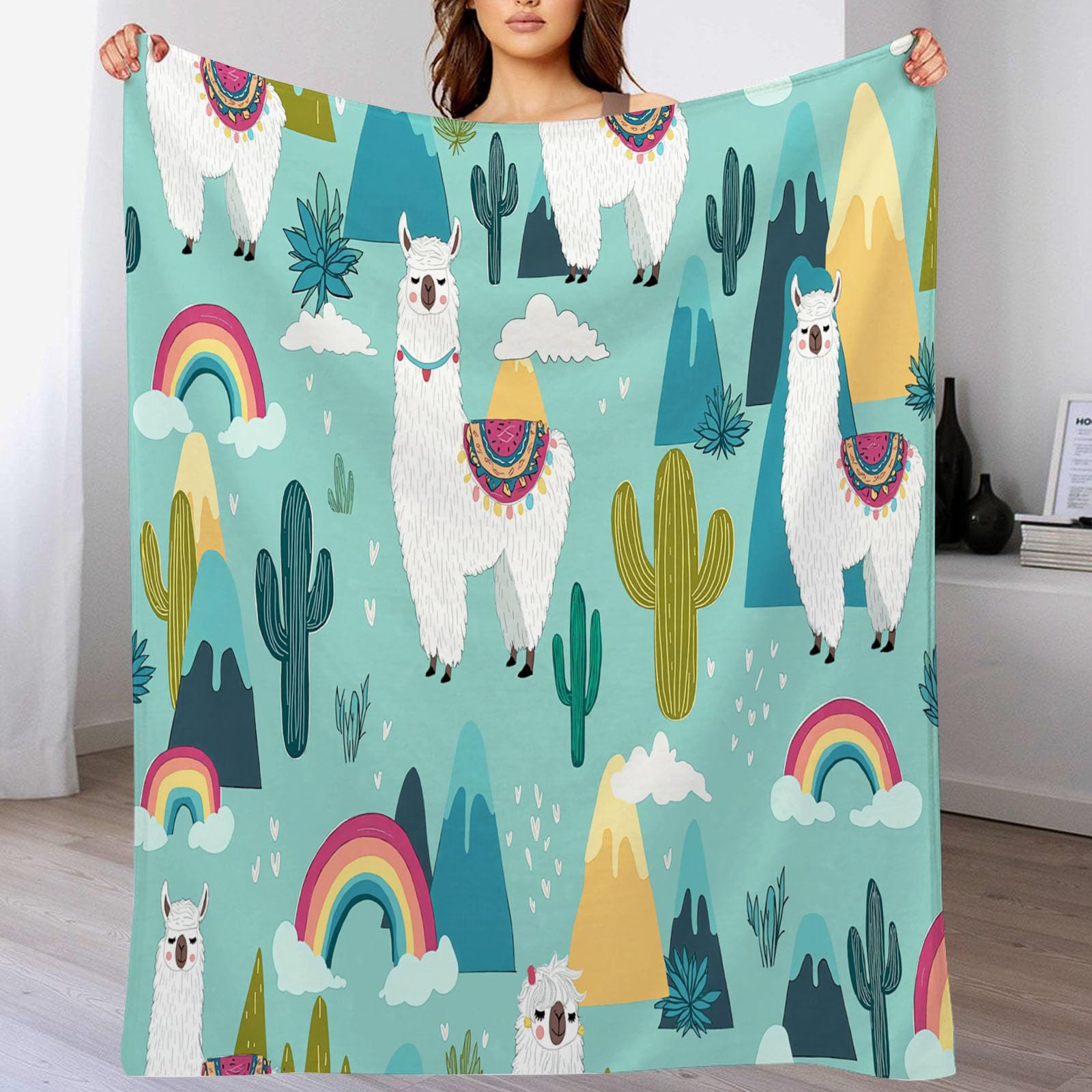 Couverture pour lit et salon au design arc-en-ciel bleu en flanelle douce