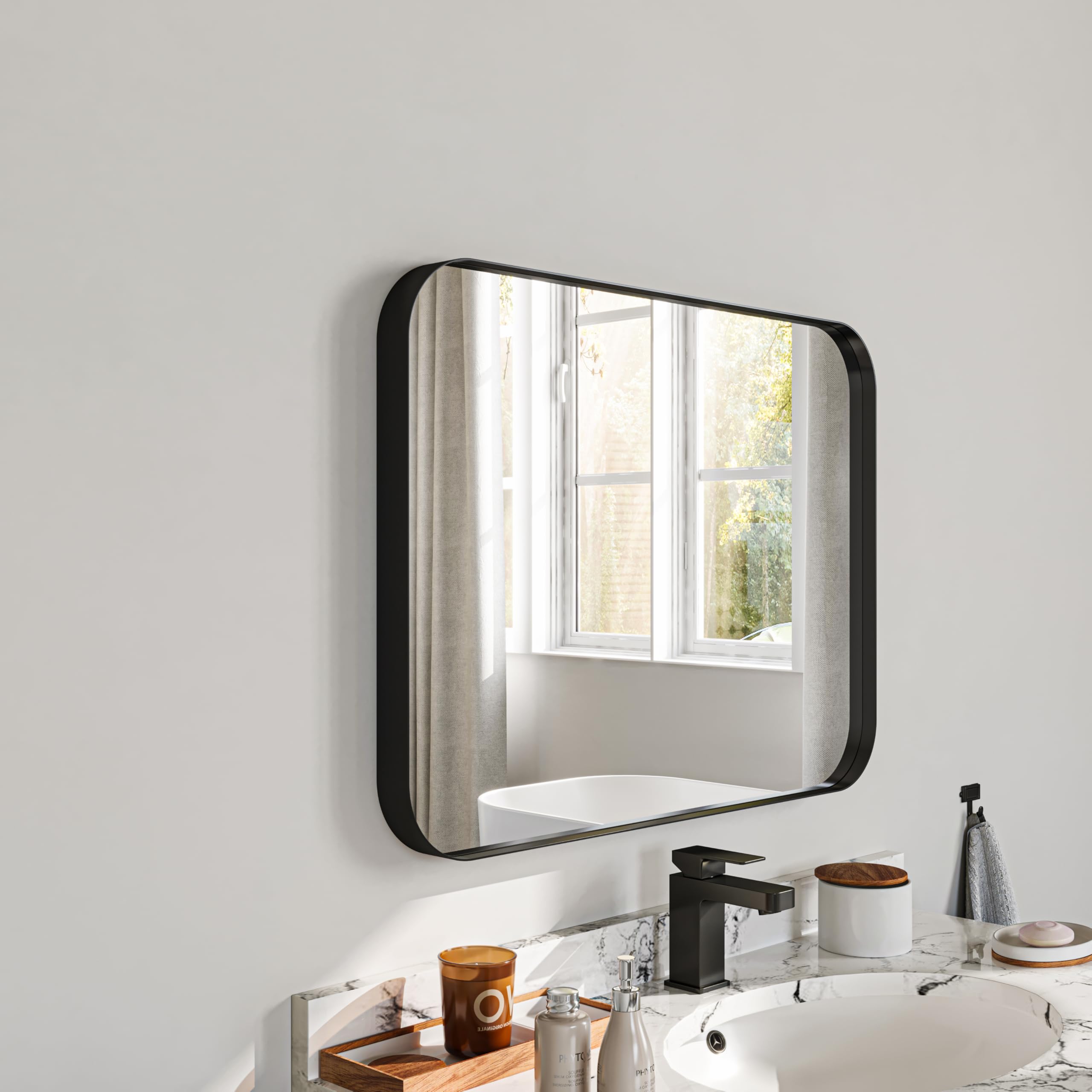 30x22 Inch Black Framed Bathroom Mirror - Rounded Rectangle, Tempered Glass, Horizontal Or Vertical Mount
