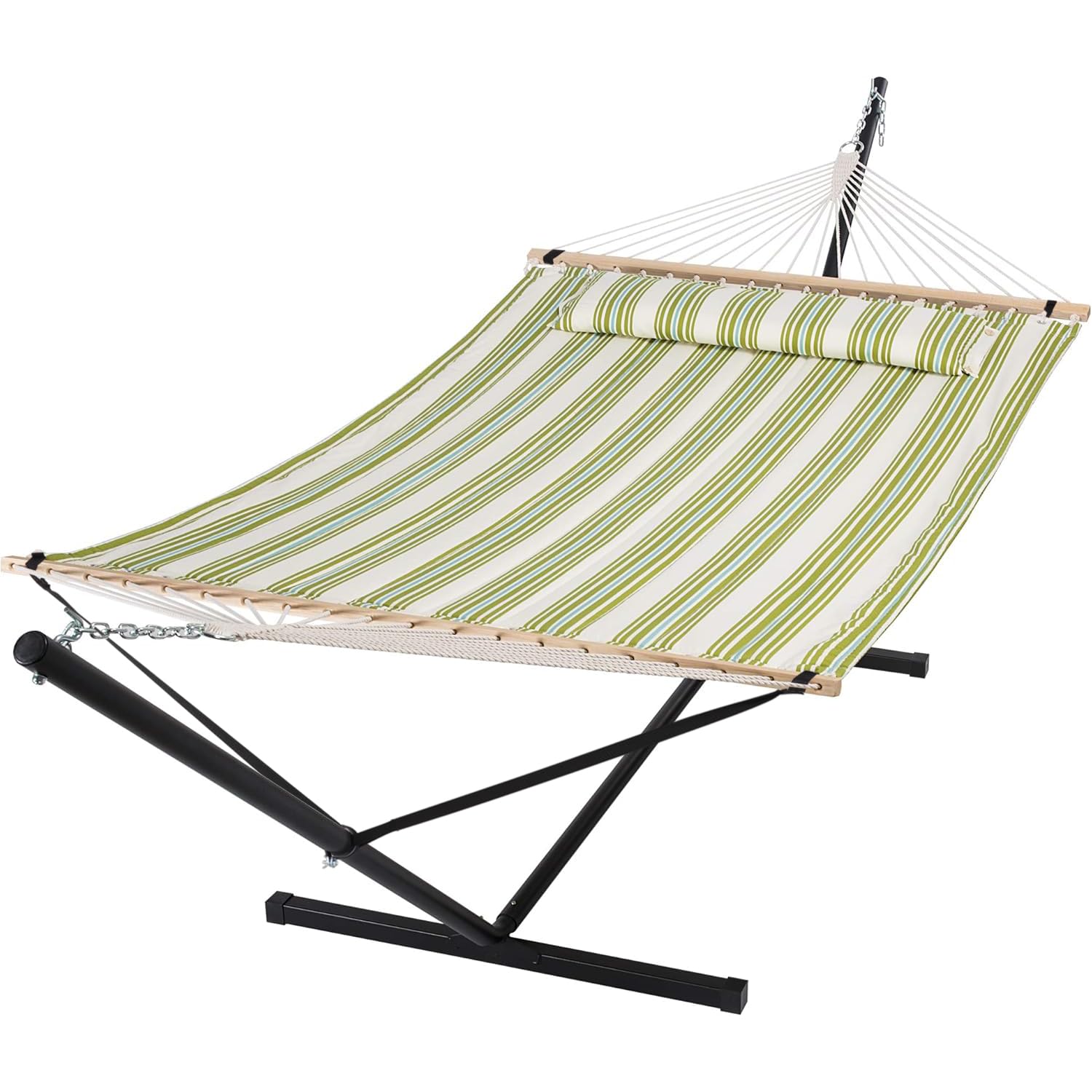 SUNCREAT Portable Double Hammock with Stand, 475 lbs Capacity, Green Stripe