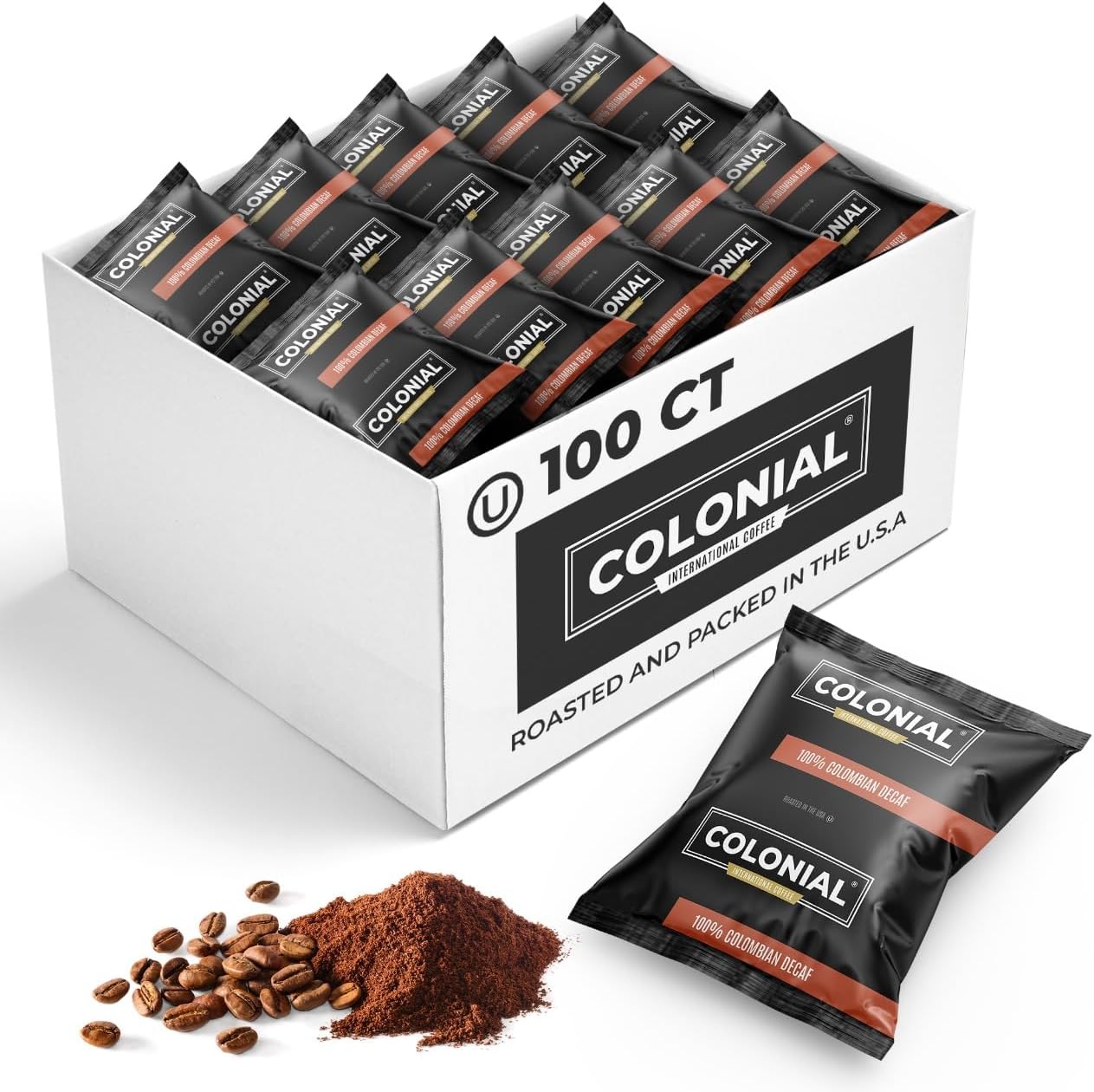 Colonial Coffee 100 Count Single Pot Coffee Packets – 100% Arabica Decaf Colombian Medium Roast | Pre-Measured Frac Packs for 12 Cup Maker | Bulk Ground Gourmet Coffee for Home & Office