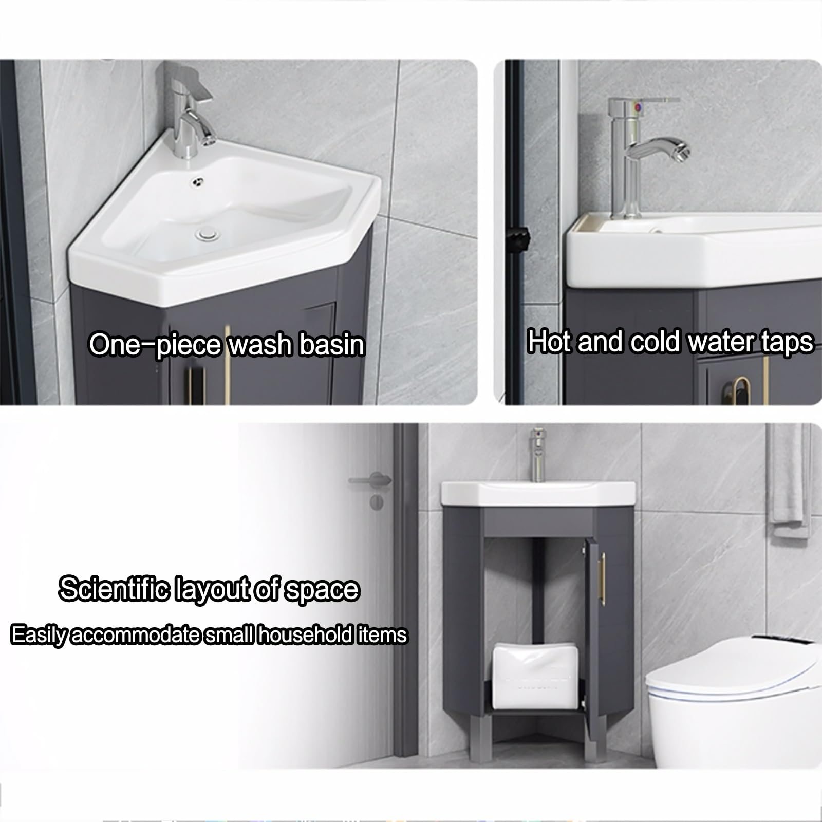 Lavabo de baño esquinero que ahorra espacio, tocador montado en el suelo con almacenamiento, perfecto para baños pequeños y balcones (15in / 38 cm), diseño elegante y funcional