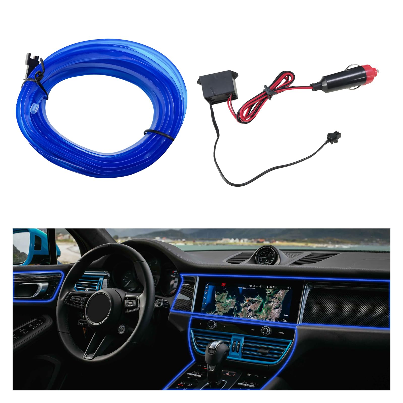 Augeny 16 Ft EL Wire Interior Car LED Strip Lights, Cigarette Lighter Neon Flashing Electrogenic Light with Sewing Edge, Universal Ambient Lighting Decor Accessories for Most Vehicles (Blue)
