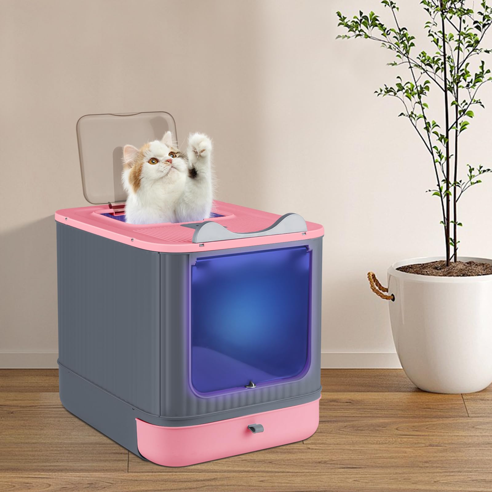 Bac à litière pour chat avec pelle, bac auto-nettoyant, désinfection UV, bac anti-fuite, fond anti-fuite (rose + gris)