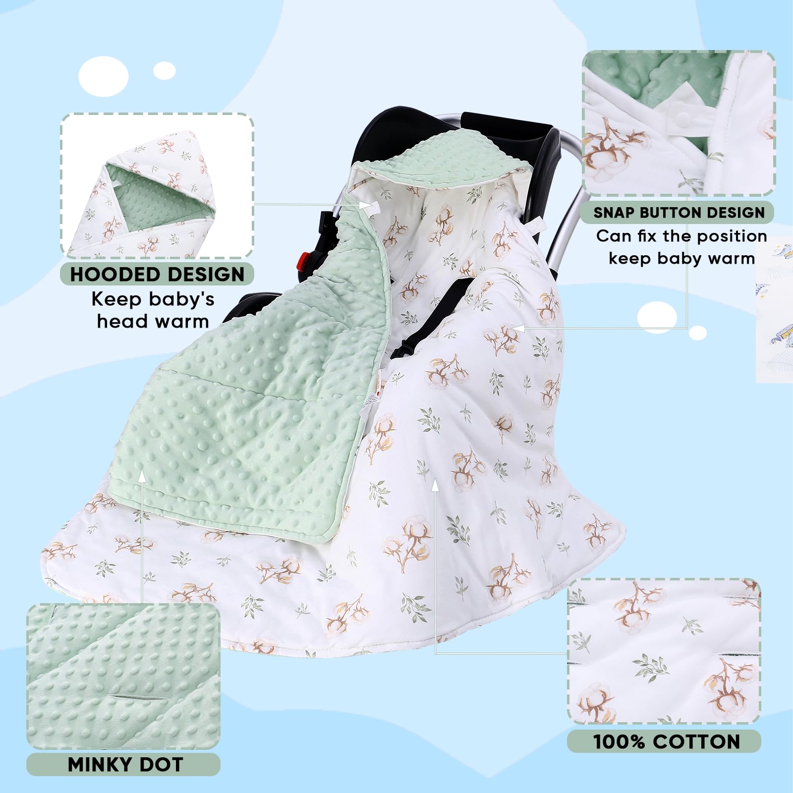 LAT Coperta per Passeggino 90 cm x 90 cm - Coperta Bebè per Seggiolino Copertina Sacco Ovetto Copertina Neonato Invernale Cotone Universale per Cinture a 3 o 5 Punti