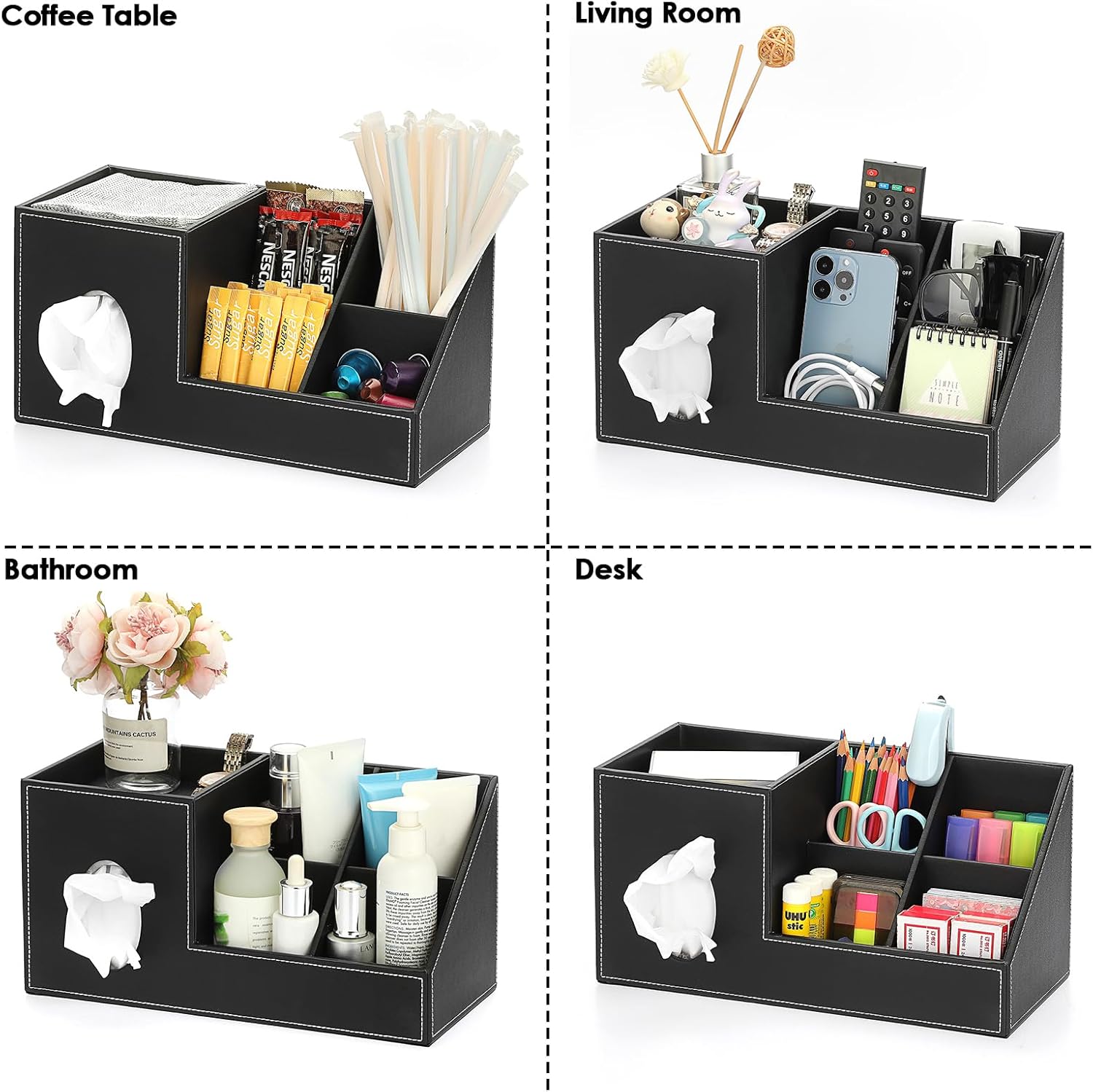 Sumnacon Tissue Box Cover, Square PU Tissue Box Organizer, Leather Tissue Covers with Storage, Stylish Tissue Holders for Bahtroom Living Room Kitchen Dining Table Desk Office, Black
