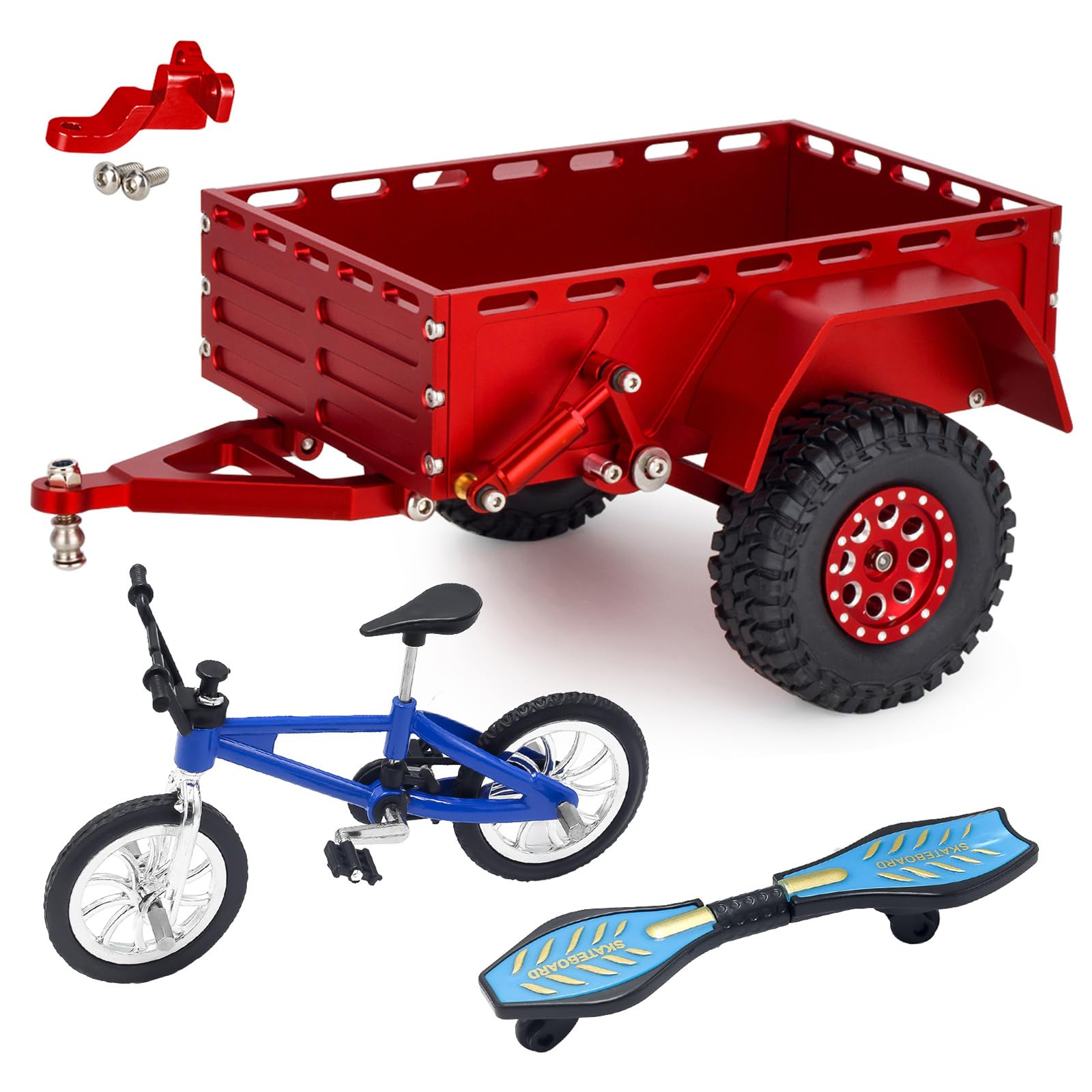 Obrabiana metalowa przyczepa RC z realistycznymi akcesoriami rowerowymi i deskorolkowymi 1/18, 1/24