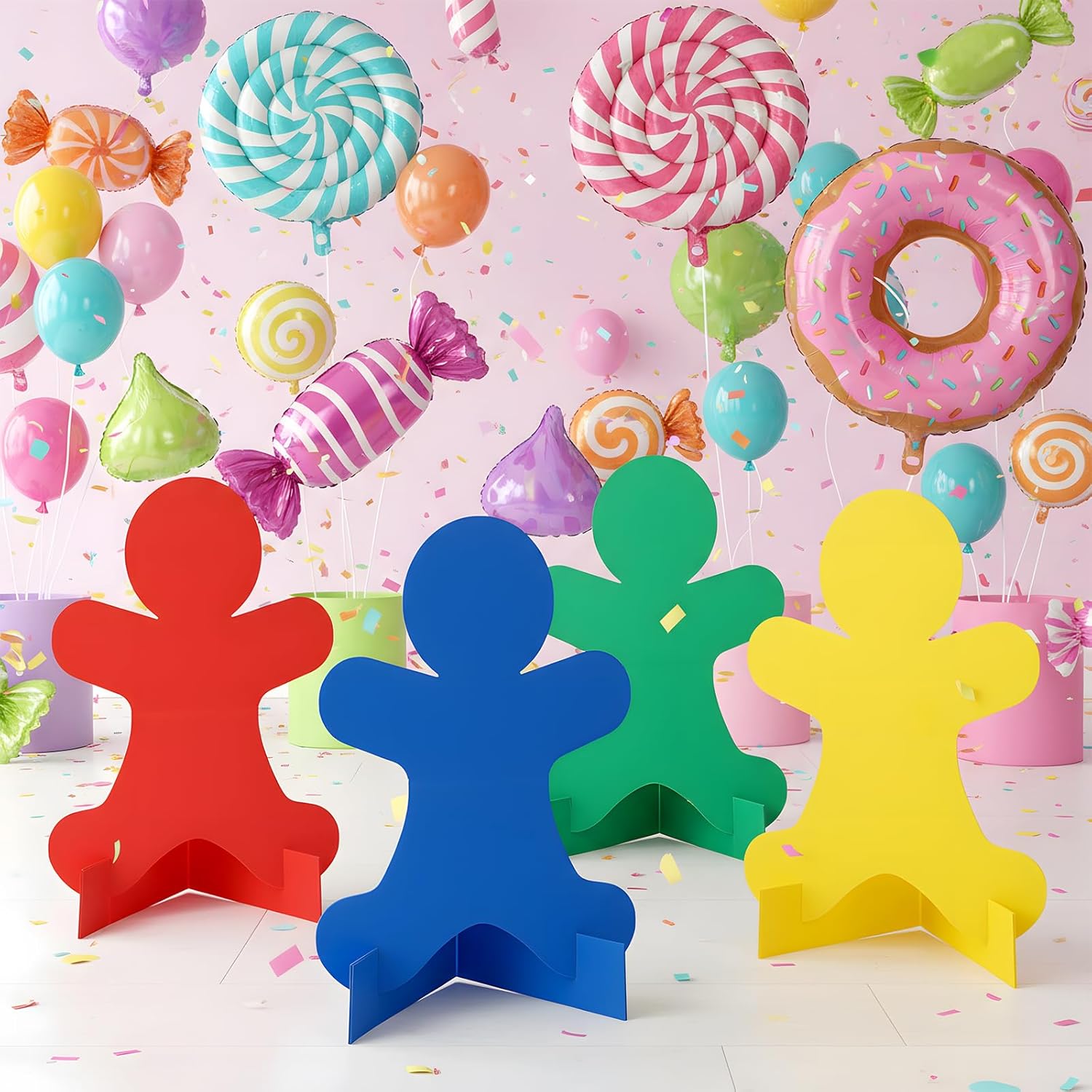 Geelin 4 Sets Candy Stakes 24.8 Inch Yard Gingerbread Man Signs Large Candy Themed Yard Sign with Stake for Birthday Outdoor Indoor Holiday Pathway Garden Party Supplies, 4 Colors