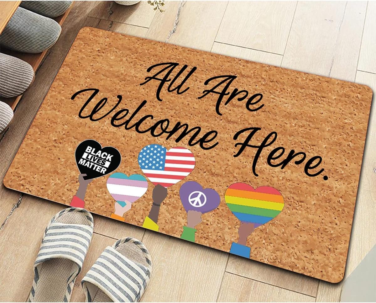 Funny Welcome Doormat Front Porch Decor Rugs With Rubber Back 30"(L) x 18"(W)All Are Welcome Here Black Lives Matter Personalized Doormat For Entrance Monogram Mats for Front Door No Slip Kitchen Rug