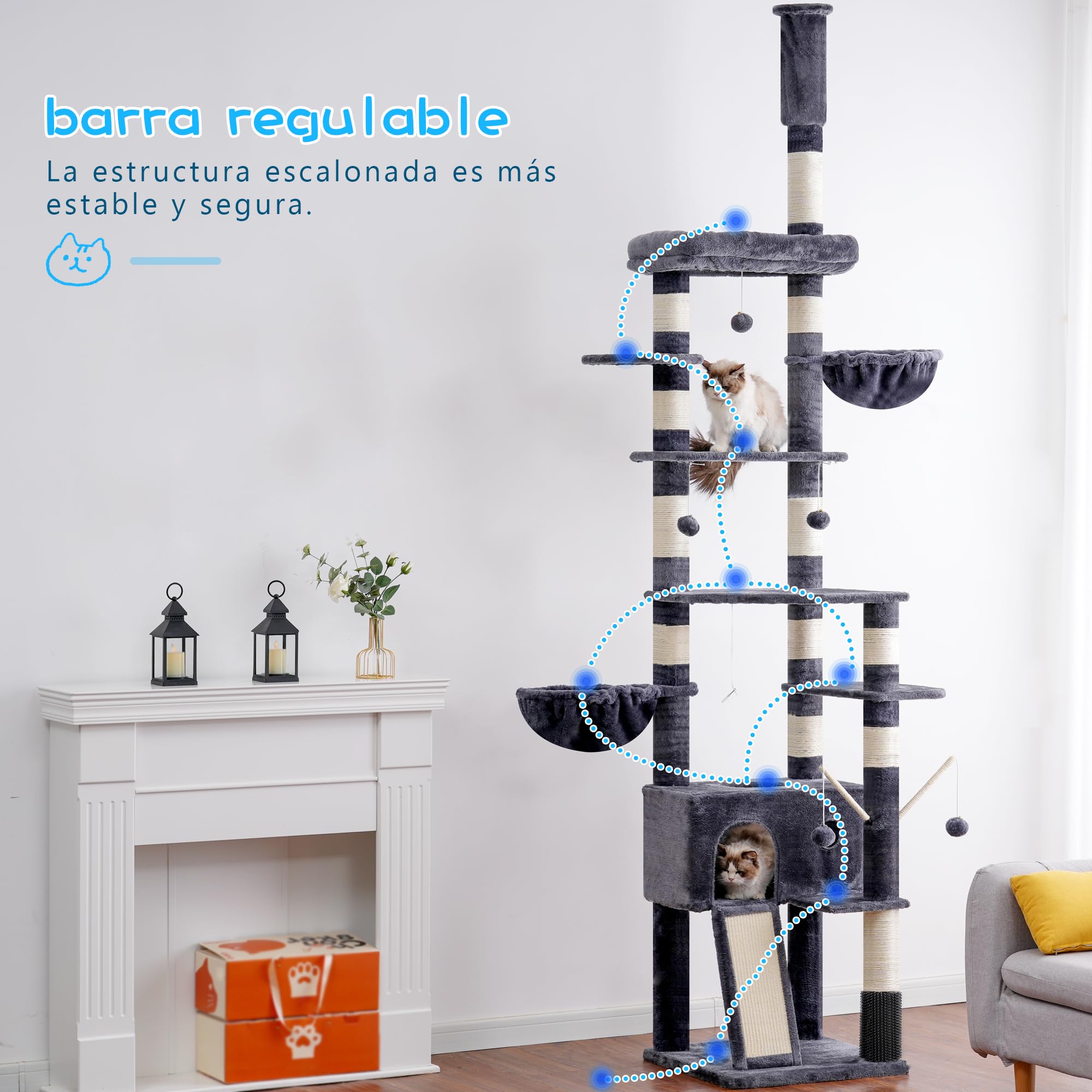 Hey-brother Rascador para Gatos XXL, Altura Ajustable, 250 cm - 280 cm, hasta el Techo, Torre para Gatos Grandes, con Cueva, Color Gris Ahumado 0MPJ091G