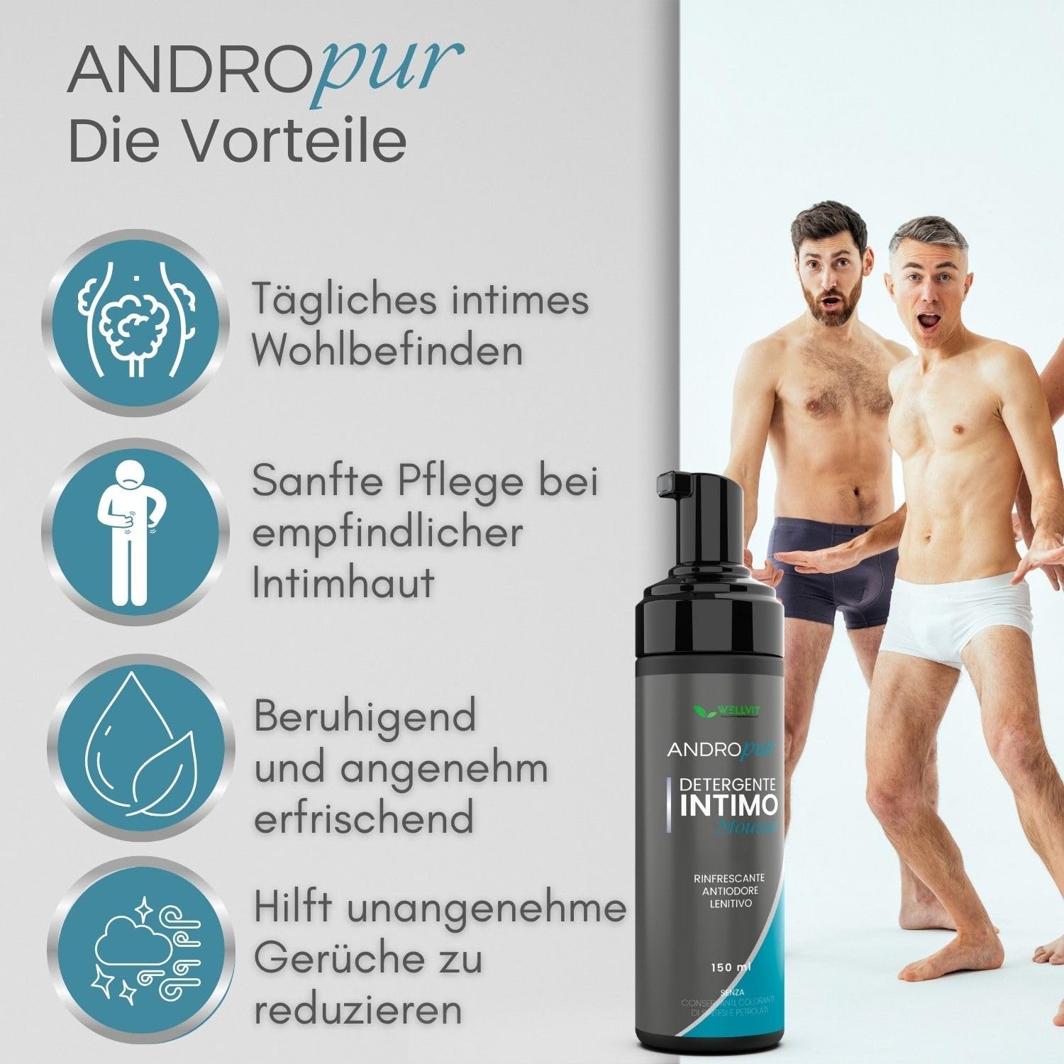 ANDROPUR wysokiej jakości mydło bielizna męska o neutralnym pH w chłodzącej piance z pianki oczyszczającej higieny intymnej dla mężczyzn, antybakteryjna ochrona antybakteryjna, naturalne składniki i