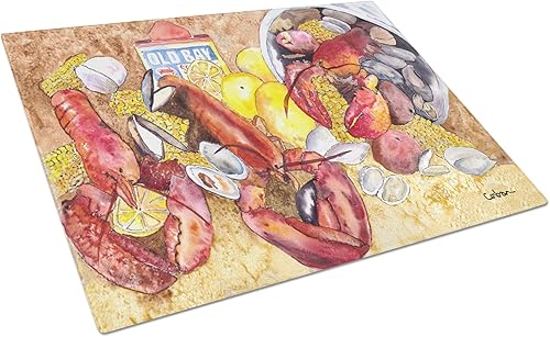 Caroline's Treasures 8719LCB Tabla de cortar de langosta con vidrio Old Bay Tabla de cortar de vidrio templado decorativa grande Tabla de cortar y