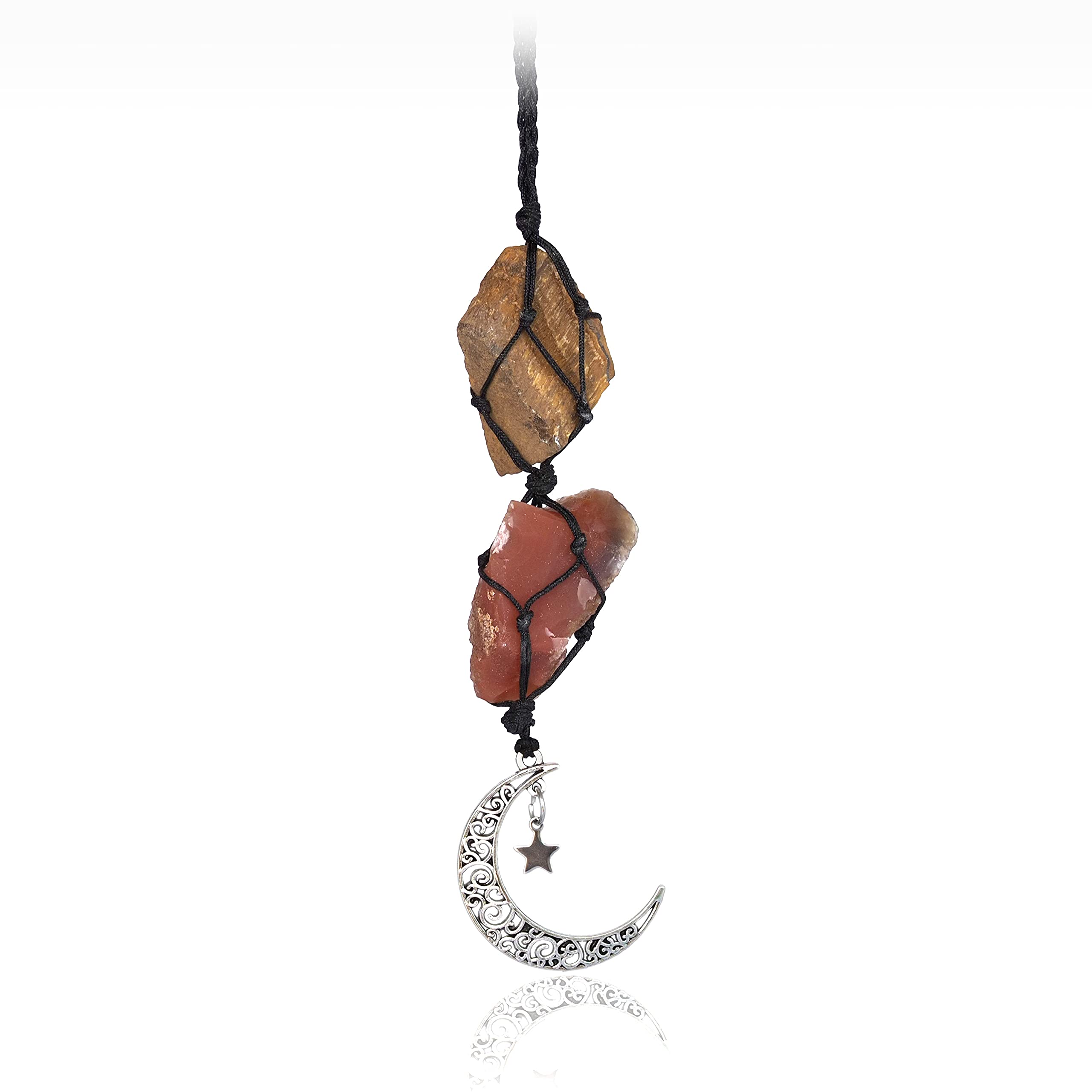BOHO GARDENHanging Car Charm - Tiger's Eye & Carnelian - Dangling Moon, Healing Crystal Accessories, Rearview Mirror Decorations - Courage, Harmony, Resilience, Transformation, Joy of Life, Energy
