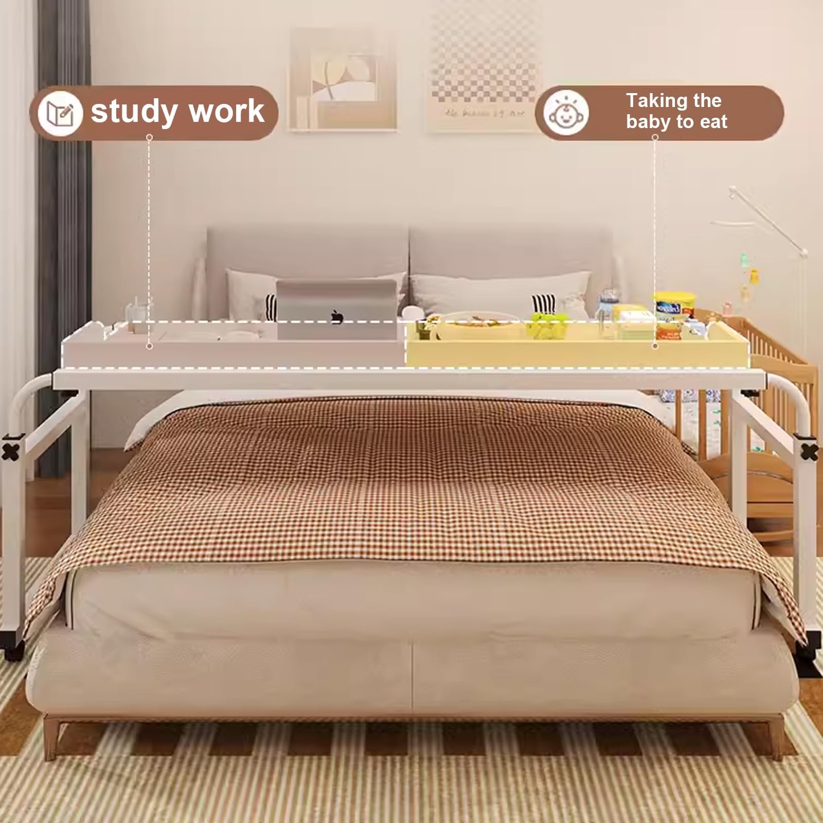 Tavolino da Letto, tavolino sopra Il Letto con Ruote, Tavolo sopra Il Letto, tavolino sopra Il Letto Regolabile, scrivania da Ufficio Regolabile in Altezza e Larghezza, Carrello per Laptop d