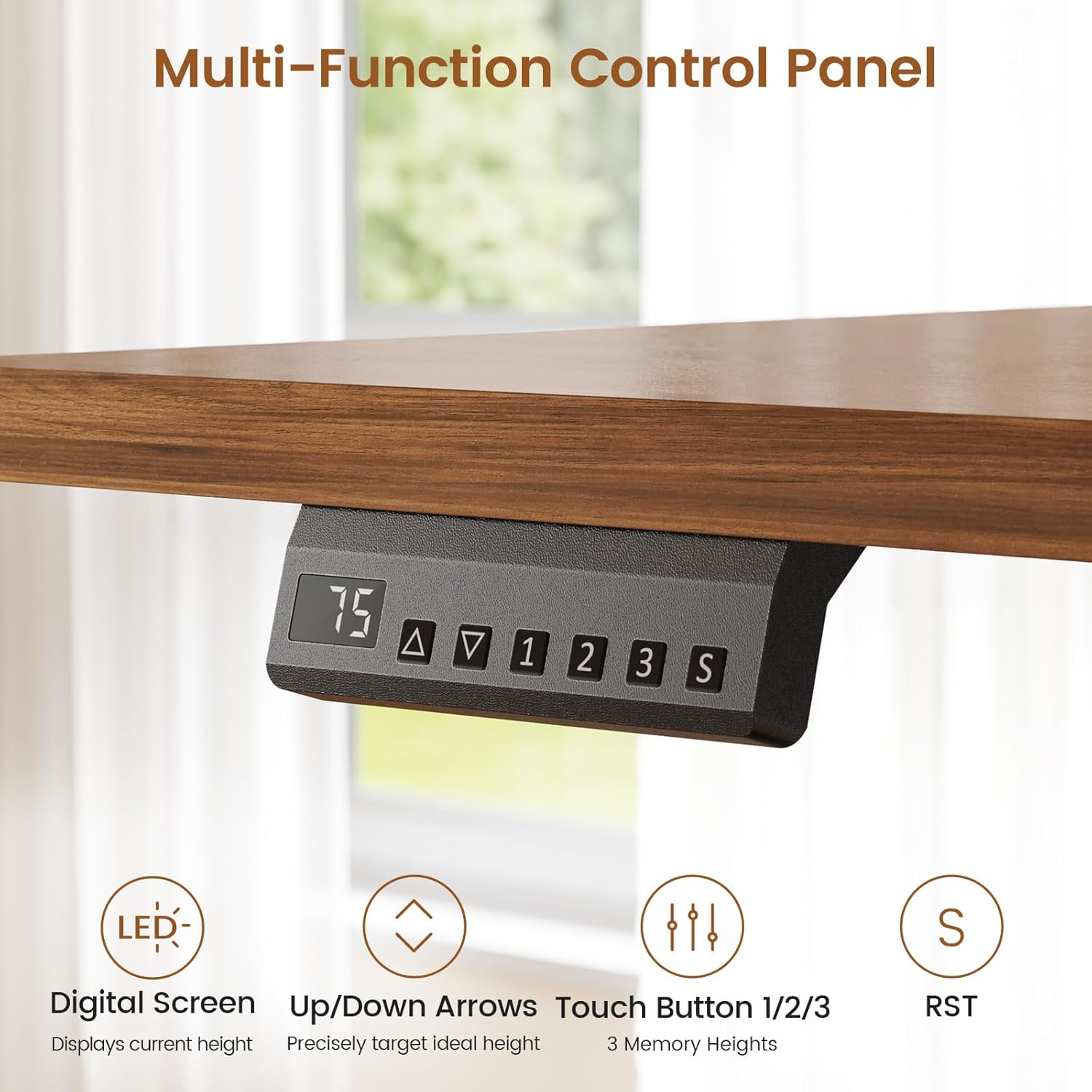 Close-up of the SEDETA Electric Standing Desk's multi-function control panel with digital screen, up/down arrows, memory buttons (1, 2, 3), and a reset button (S).