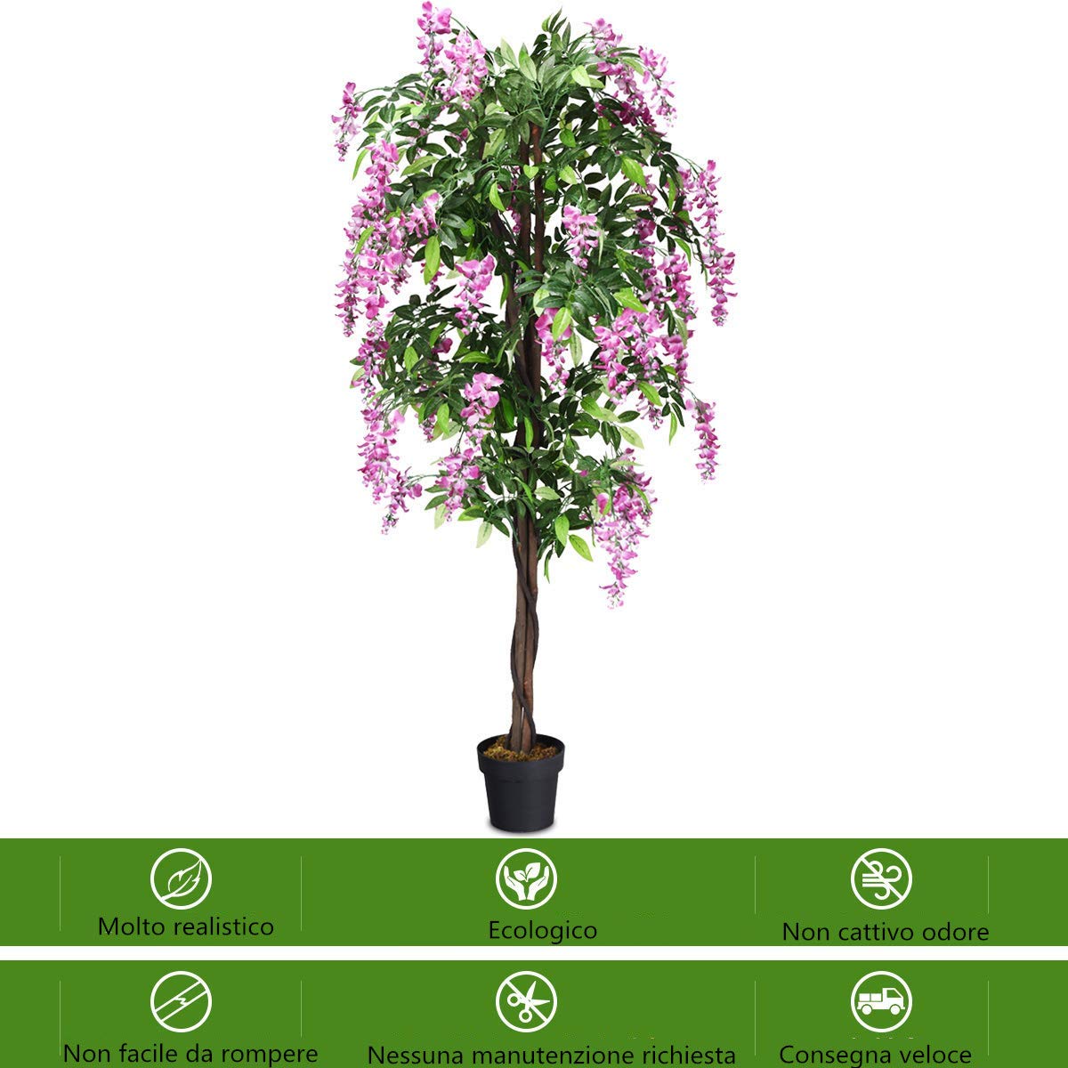 COSTWAY Pianta Finta da Interno da 180 cm | Albero Artificiale con Fiore Glicine, 1260 Foglie Realistiche, 2 Tronchi e Vaso Stabile, per Casa, Negozio e Ufficio