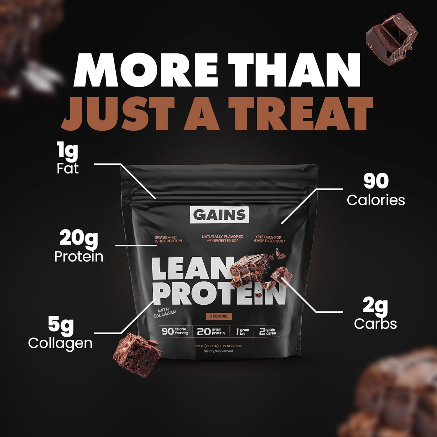 Gains in Bulk Lean Protein Powder with Collagen Peptides, Gluten Free Grass Fed Whey, 20 G Protein & 5 G Collagen, Plant Enzymes to Support Digestion, Natural Ingredients, Brownie Flavor, 27 Servings