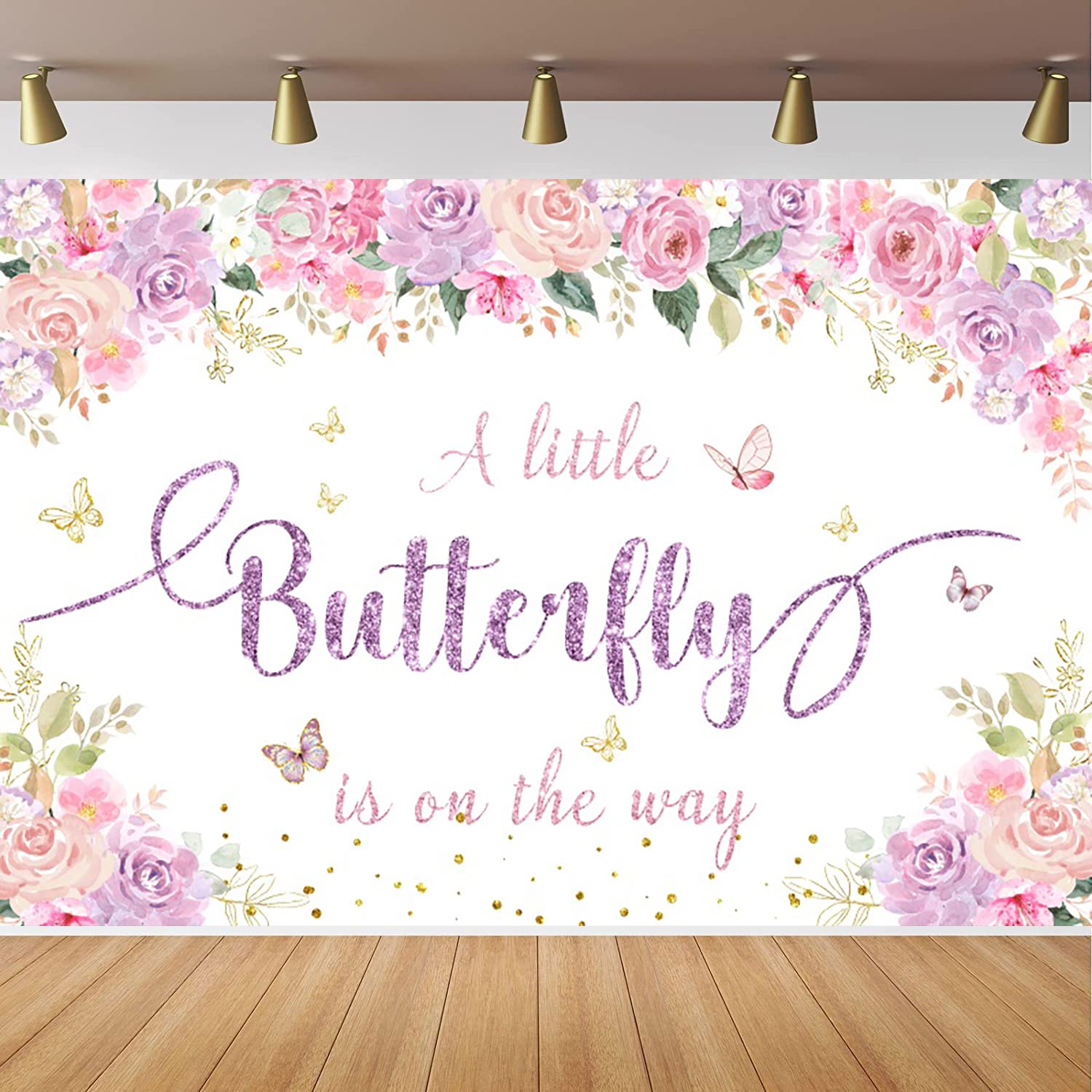 Fotohintergrund 'A Little Butterfly Is On The Way' – 210x150cm Lila-rosa Für Babyparty & Fotoshooting