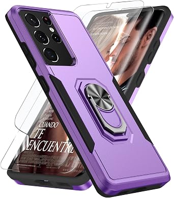 YmhxcY Galaxy S21 Ultra Case with 2 Pack Self Healing Flexible TPU Film, [Military-Grade] 360Finger Ring Holder Shockproof Protective Caser for Samsung Galaxy S21 Ultra-Purple/Black