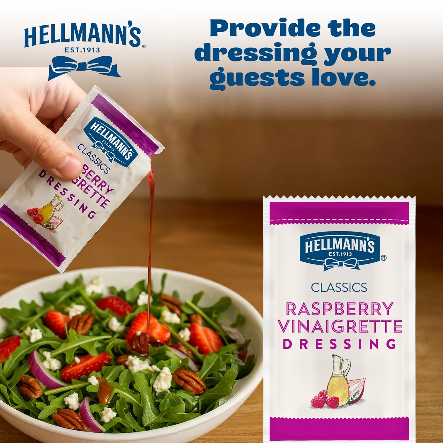 Hellmann's Classics Raspberry Vinaigrette Salad Dressing Portion Control Sachets Gluten Free, No Artificial Flavors or High Fructose Corn Syrup, Colors from Natural Sources, 1.5 oz, Pack of 102