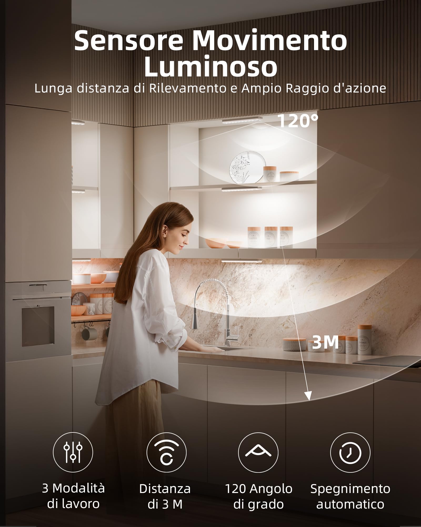 EZVALO Lampada da incasso da cucina a LED con stazione di ricarica 62 LED, 2000 mAh, illuminazione per armadio con 3 temperature di colore, dimmerabile, senza fili, con sensore di movimento, per