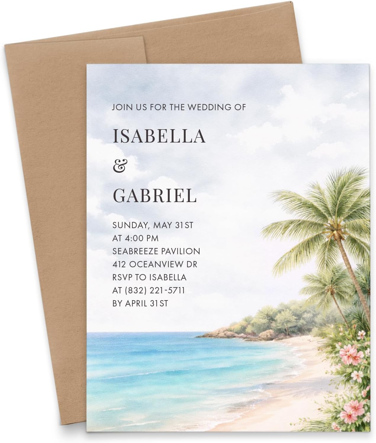 Personalized Beach Wedding Invitations With Envelopes, Customized Destination Wedding Invites, Ocean Invitation Kit, Marriage Celebration Invitation, Your Choice of Quantity and Envelope Color