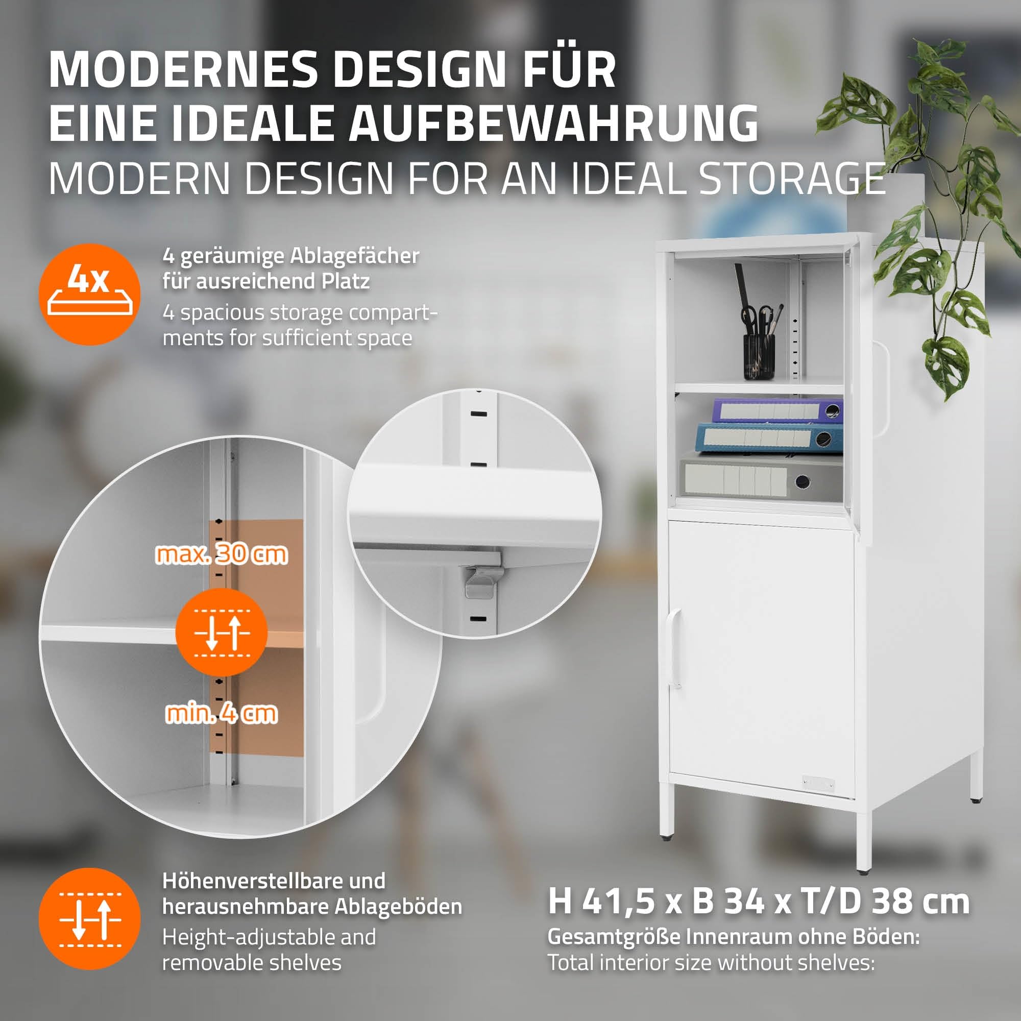 ML-Design Armadietto Portadocumenti da Ufficio Bianco 40 x 101,5 x 40 cm, Contenitore in Acciaio con 2 Ante e Ripiani Regolabili, Mobile Multiuso di Archiviazione, Organizzatore per Studio o Soggiorno