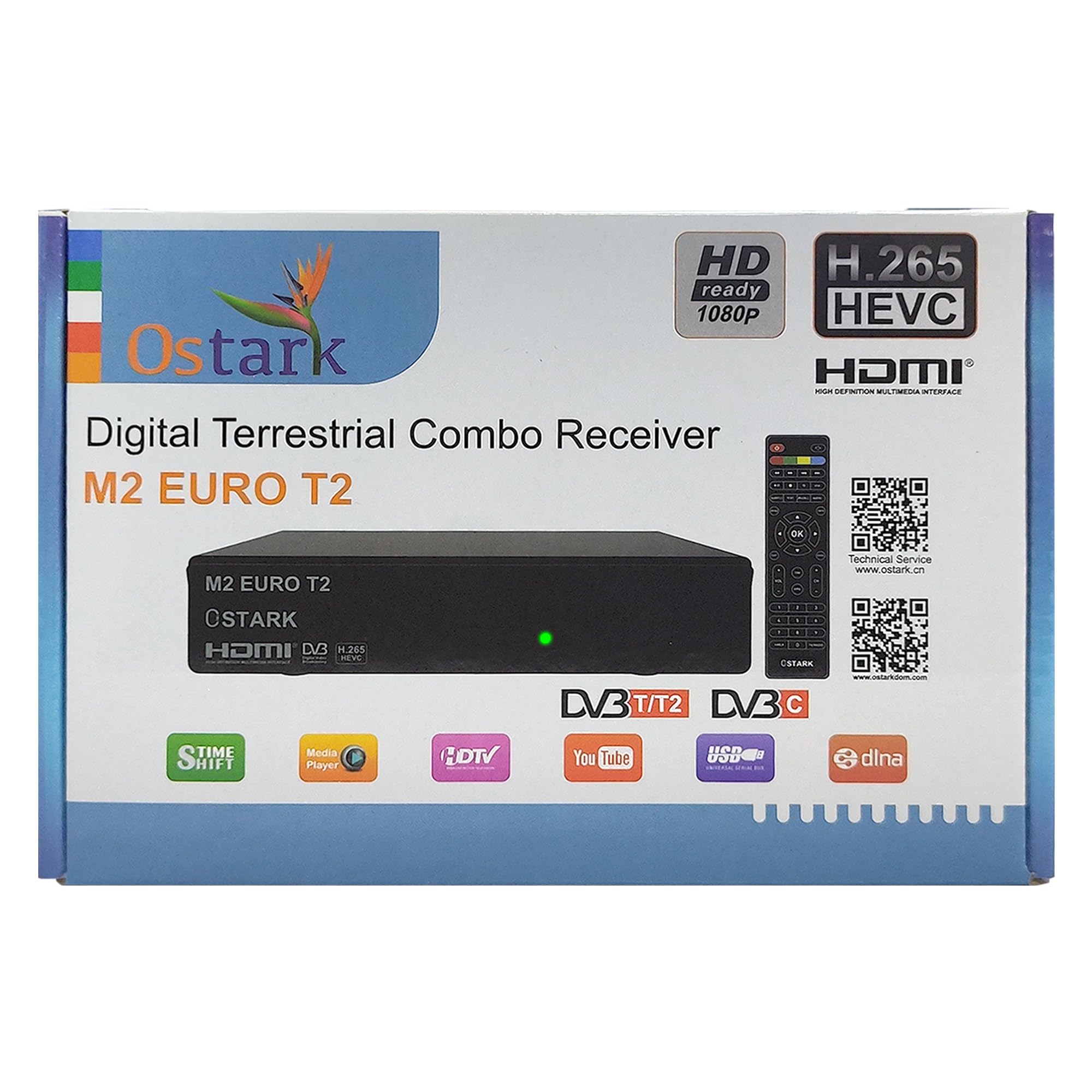 Ostark Euro T2 Ricevitore Terrestre TDT TDT2 FTA DVB-T2 DVB-C, H265 HEVC Full HD PVR, Dual USB, Dual LNB per due televisioni, SCART, HDMI Coassiale