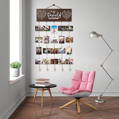 Miniatura 5 de Marcos de fotos para decoración de pared, de madera rústica con clips, capacidad para 20 fotos de 4 x 6 pulgadas, soporte para fotos para decoración
