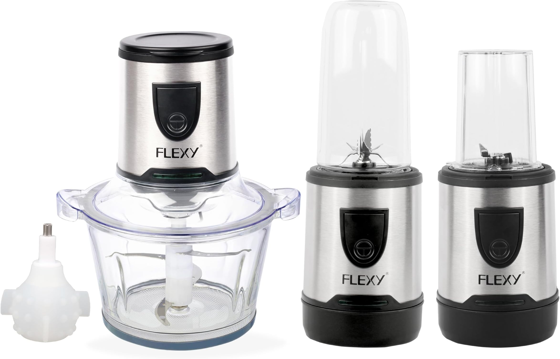 Flexy Food Processor Electric - 4-in-1 Chopper, Mincer, Blender | 500W max, 1.2L Glass Jar, 400ML Blender, 30g Grinding Cup, Garlic Peeler | BPA-Free